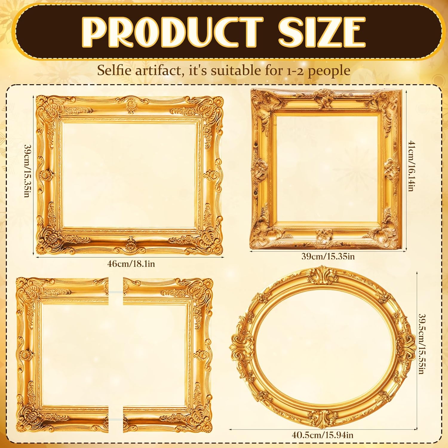 Large Gold Vintage Picture Frame Set of 3 - Cardboard Photo Booth Props for Weddings & Parties,Big Selfie Frame with Oval and Square Shapes,Jumbo Photo Props and Decorative Frames