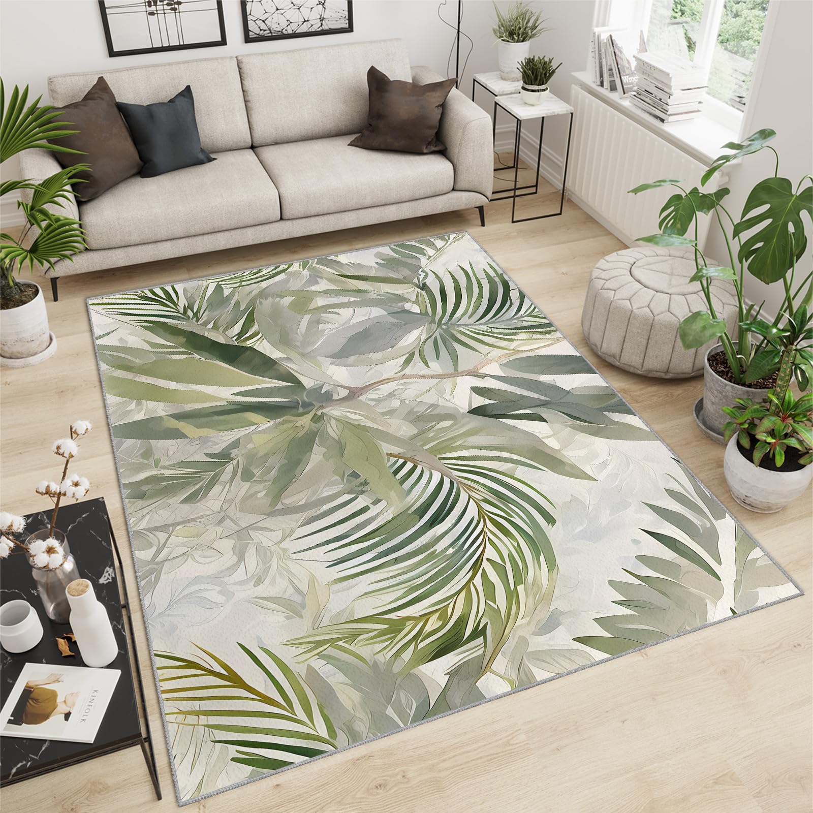 QDJKBL Area Rug 120 X 170 Cm Tropical Rainforest Palm Leaves Doodle, Modern 3D Plant Leaves Modern Rug, Office Rug Fast Drying for Patio Office