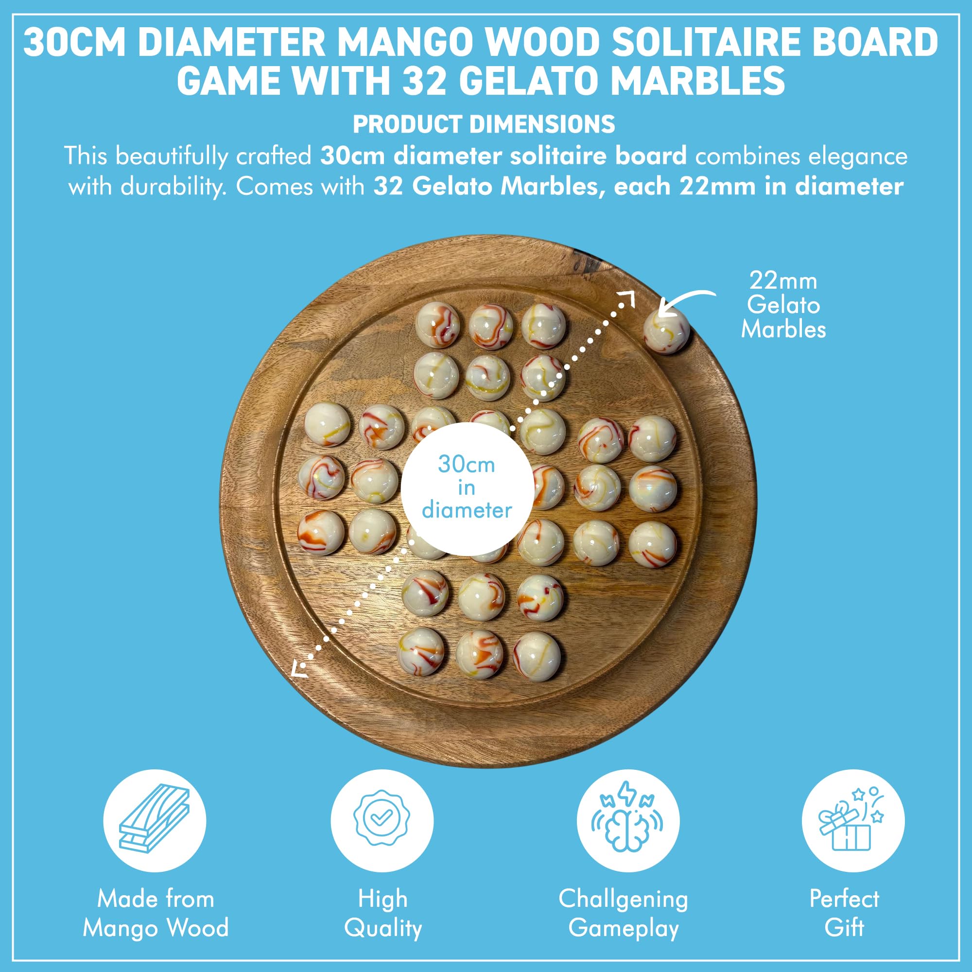 Jeu de société solitaire en bois de mangue de 30 cm de diamètre avec marbres de crème glacée | | jeu de solitaire classique en bois | jeu de société de stratégie | jeu de société familial | jeux pour