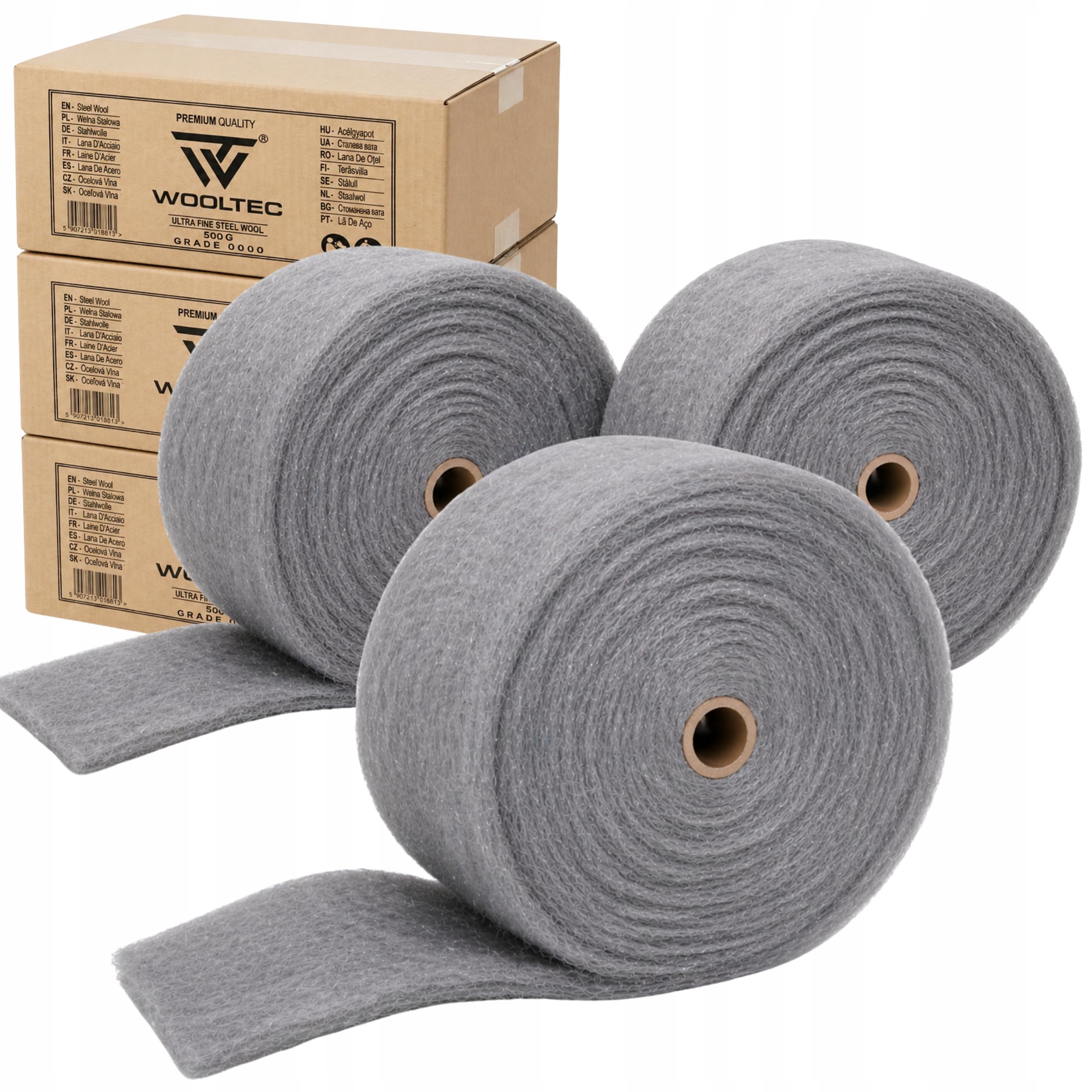 Stahlwolle 500 g (+/-50 g) – Grad 0000 Polieren Metall Holz Glas – 1 Rolle (5–6 m, Breite 8–9 cm) – Schleifvlies Polierwolle WOOLTEC