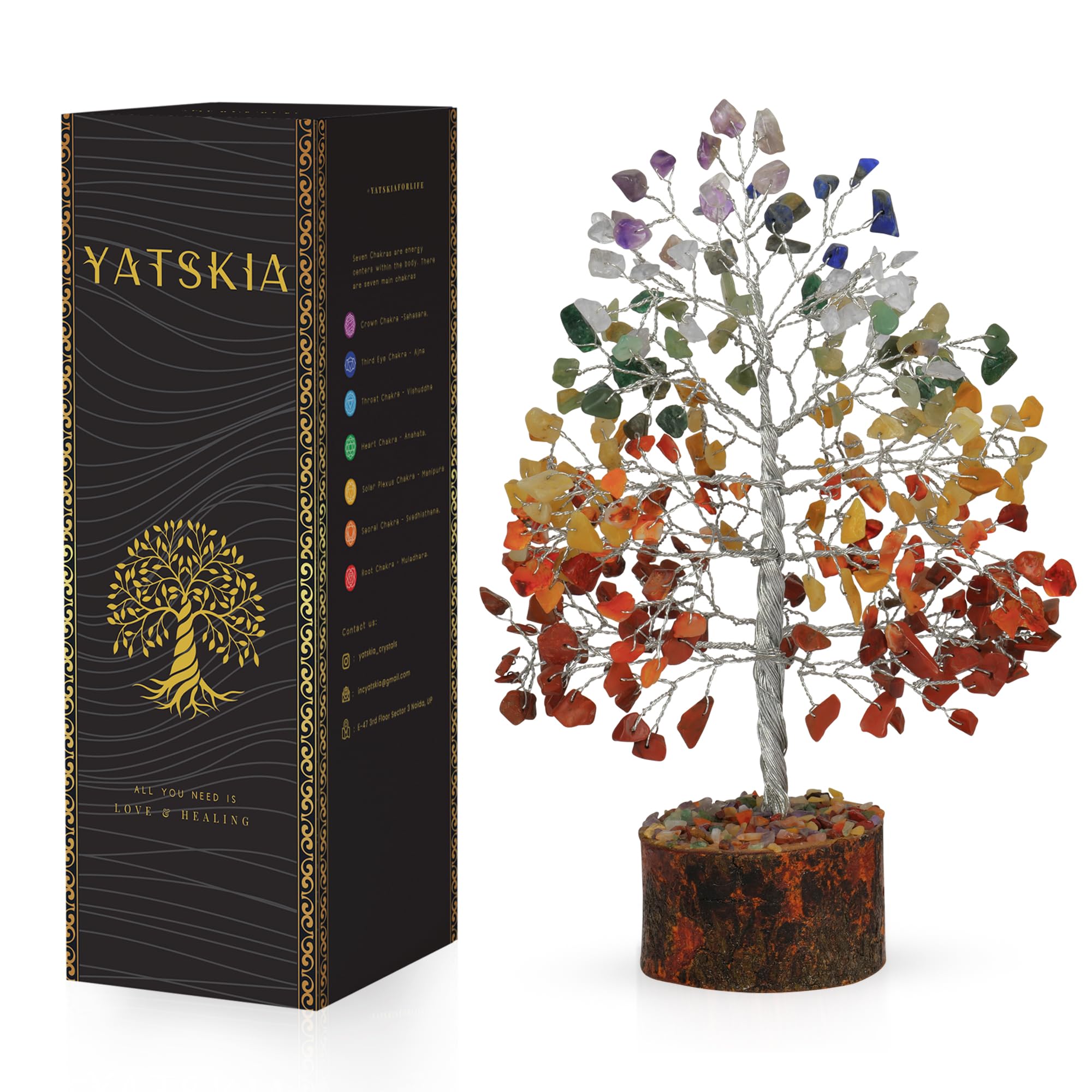 Yatskia Yellow,Green,Red,Silver Chakra Tree Of Life Decor - Crystal Tree - Spiritual Home Decor - Meditation Gifts With Chakra Stones