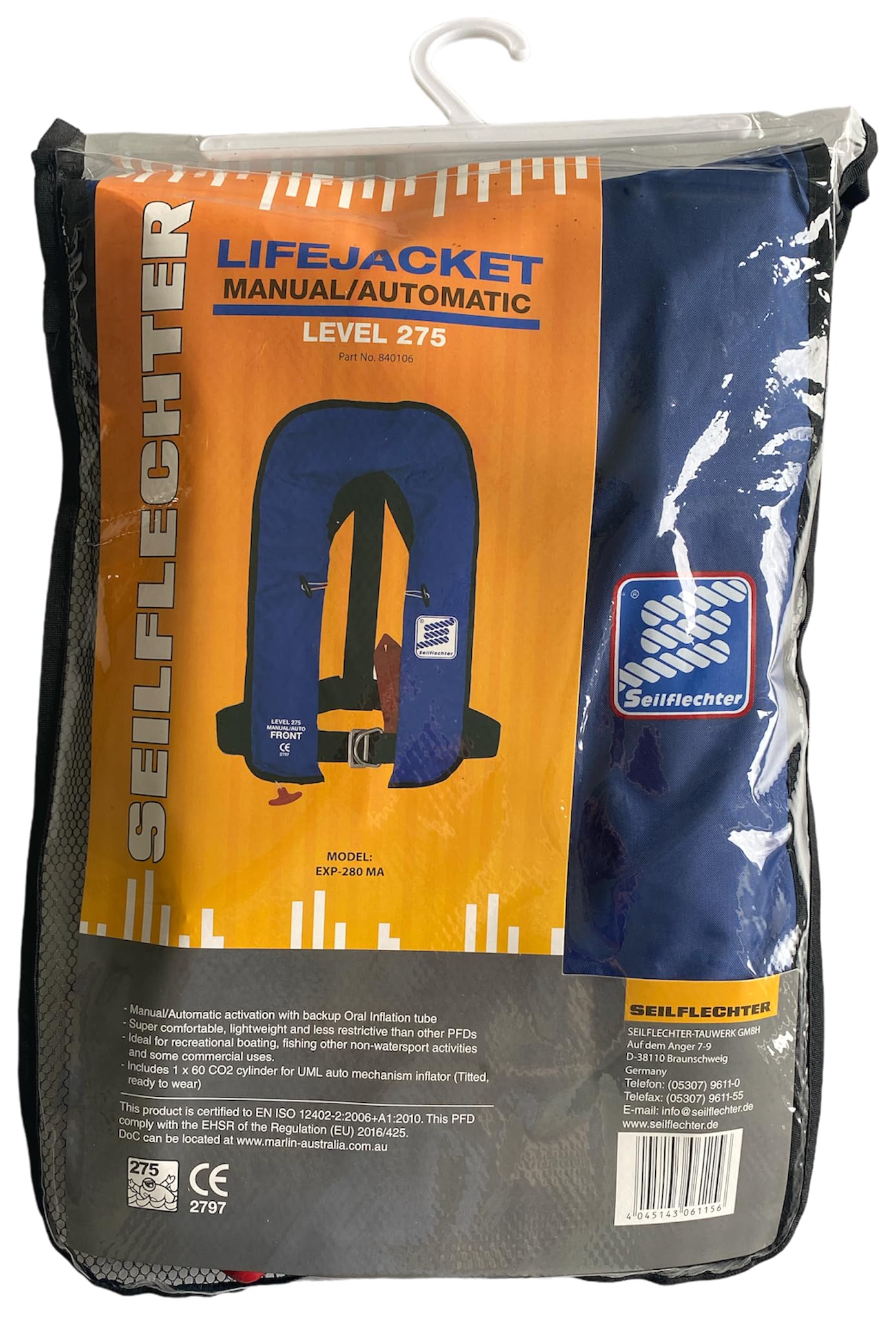 Seilflechter - 275 Automatik Rettungsweste für Erwachsene ab 40kg, selbstauslösend inkl. 60g CO2 Kartusche, ohnmachtssicher, mit Signalpfeife, Klickverschluss mit Lifebelt