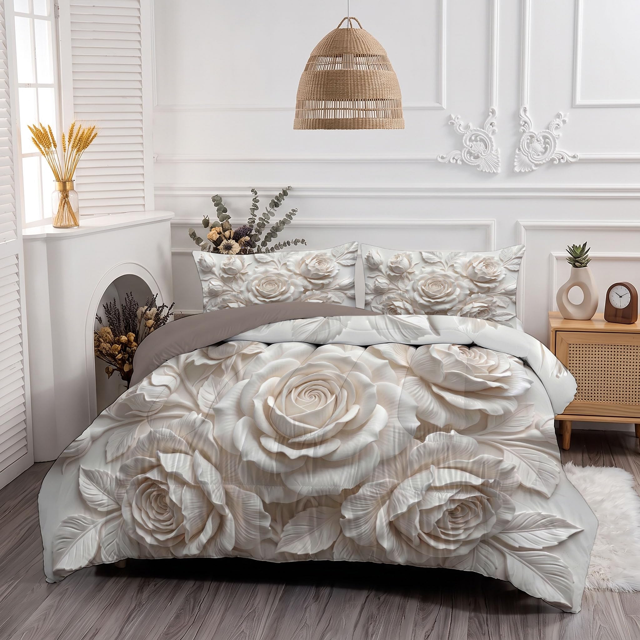 Piumone 2-In-1 Letto Singolo 140X200 Cm Rilievo Tridimensionale Di Una Rosa Elegante | Trapunta E Piumino Reversibile 4 Stagioni, Arte Botanica Nordica, Copriletto Lavabile Morbido Leggero, Beige