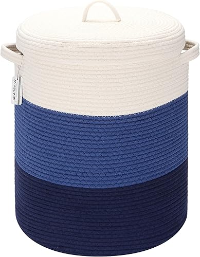 Miniatura 7 de Sea Team Cesta de almacenamiento tejida de cuerda de algodón de gran tamaño con tapa, cesta de lavandería con tapa con asas, cubo de tela con tapa,