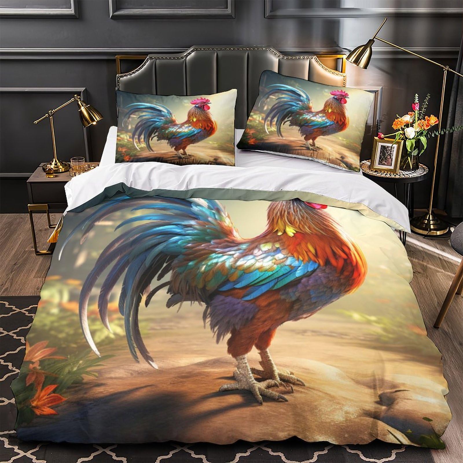 MMDASBVPE Vibrant Rooster Quilt Cover 3D Design Printed Super Soft 3 Pcs Bedding Set Zipper Comforter Cover Premium Anti-allergic for Kids Adults Women Teens Youth Boys Single（135x200cm）