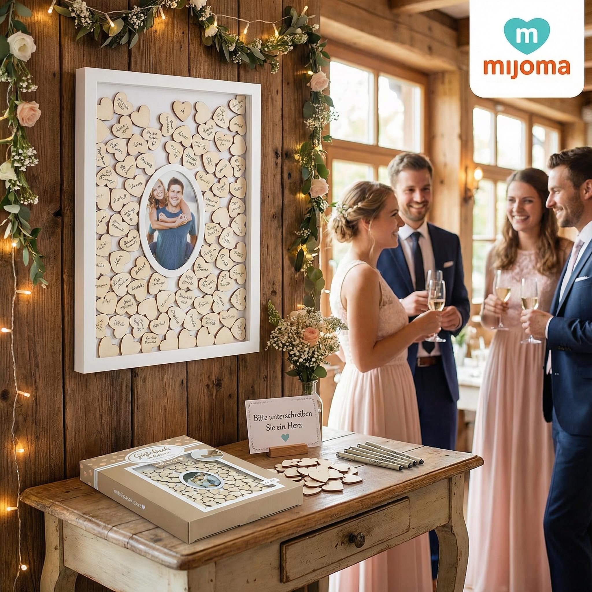 MIJOMA Cadre photo pour livre d'or – Cadre en bois blanc avec 72 cœurs en bois à écrire – Alternative au livre d'or pour mariage, baptême, anniversaire, décoration, souvenir à suspendre