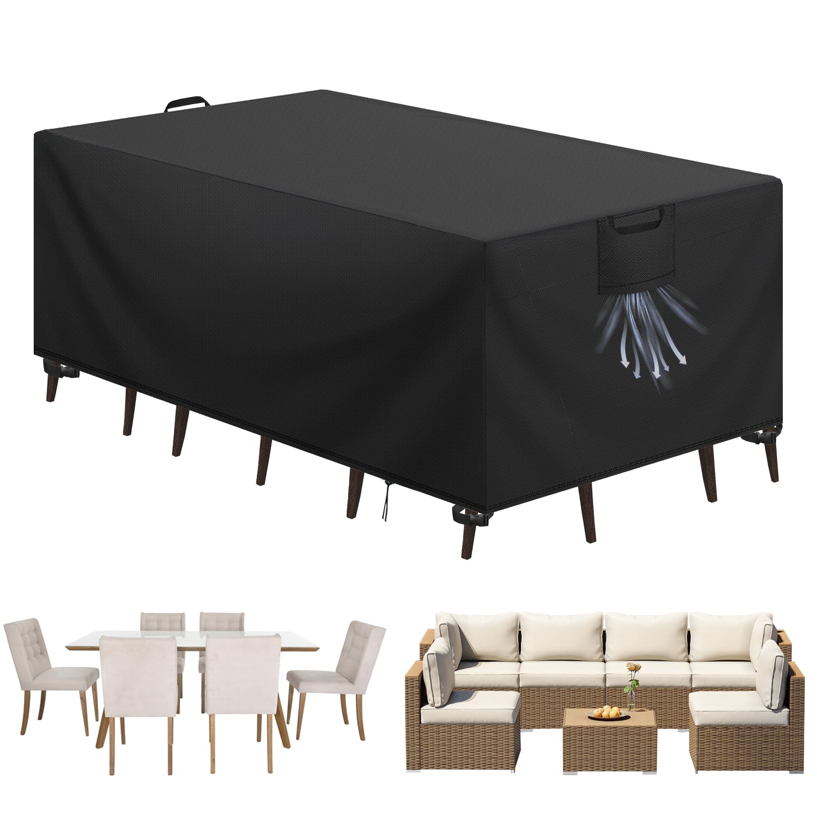 Aujink Housse Salon de Jardin Bâche Table de Jardin Tissu Oxford 420D Couverture de Protection Meubles Exterieur Imperméable  Coupe-Vent  Anti-UV Housse de Meubles en rotin  Noir  150x90x75 cm