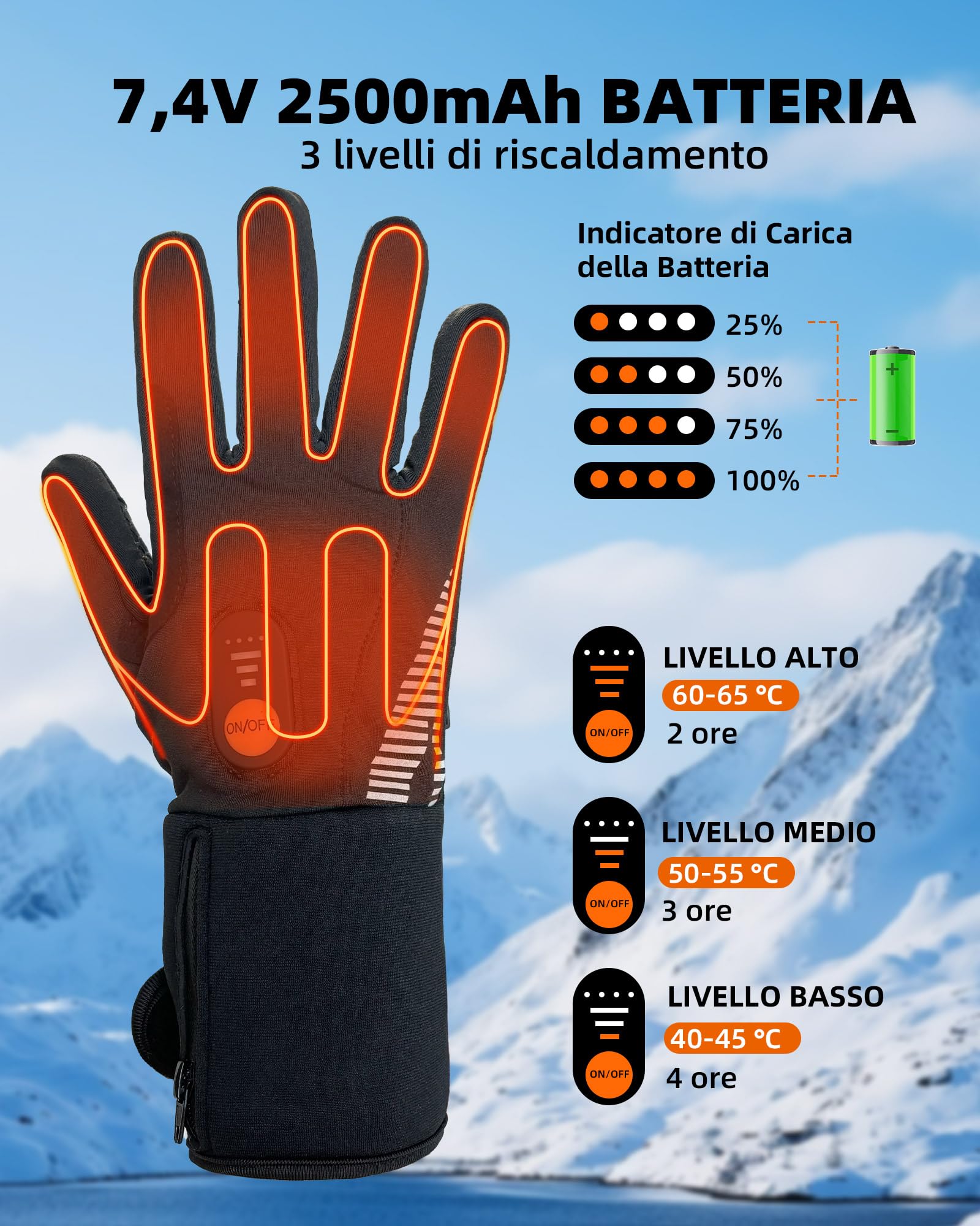 Guanti Interni Riscaldati Uomo Donna, Guanti Riscaldati con Funzione Touch Screen Impermeabili, Guanti da Sci a Batteria Ricaricabili Elettrici, Moto Snowboard Escursionismo Ciclismo Escursionismo