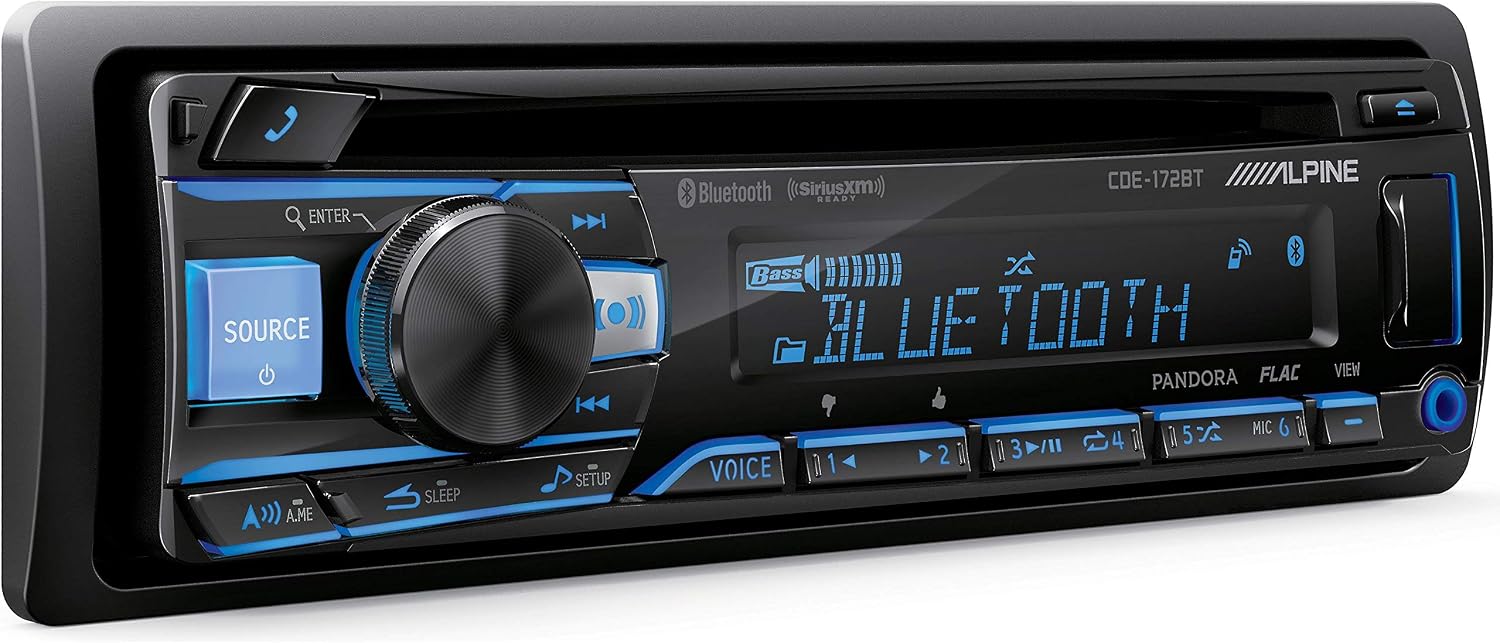 Alpine CDE-172BT Single DIN Bluetooth in-Dash CD Player Front USB and Auxiliary MP3 ID3 Tag AM/FM SiriusXM Ready Pandora Control Android Apple iPhone iPod Car Stereo Bundled with Alphasonik Earbuds