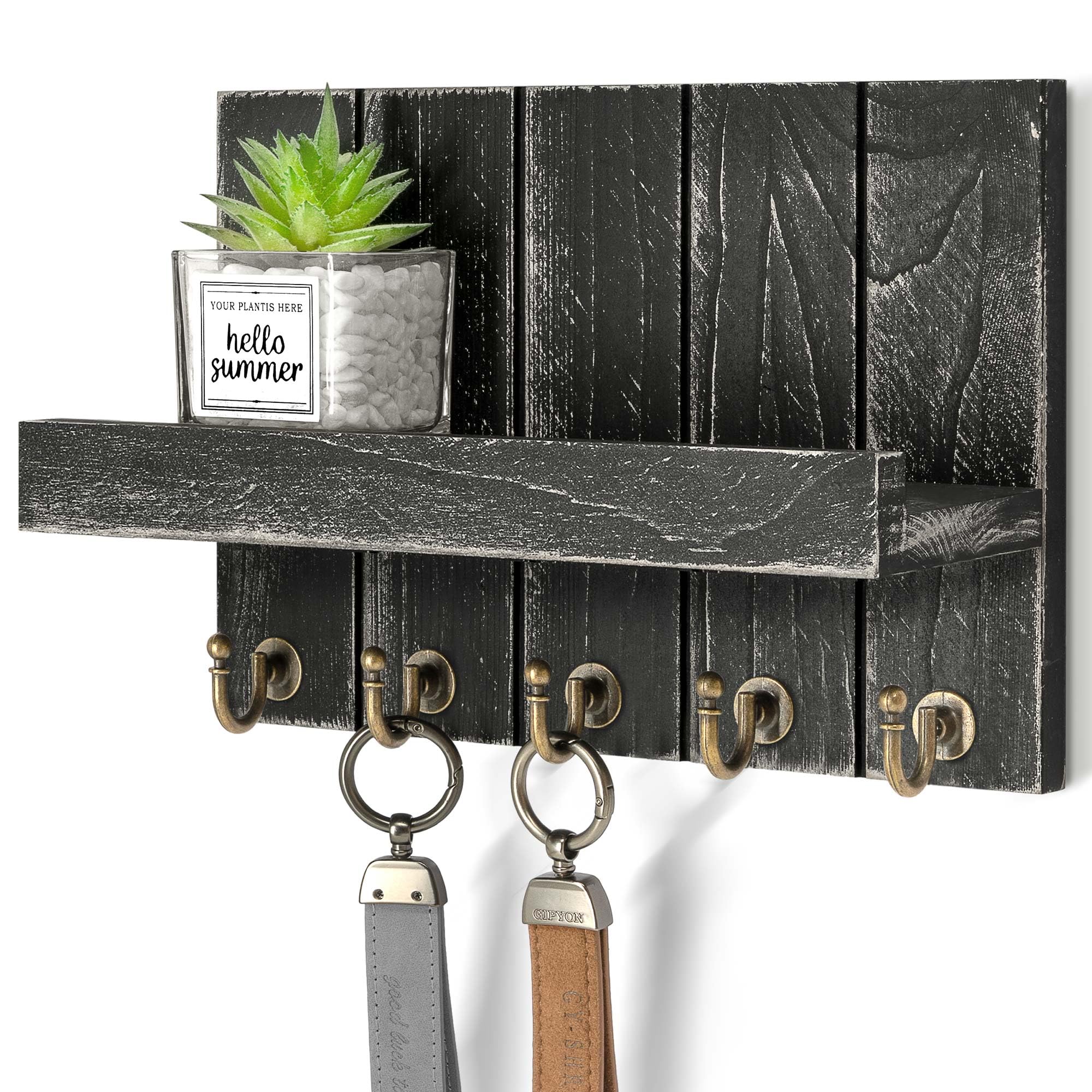 Rebee Vision Pine Wood Key Holder Wall Mount with Shelf โ Farmhouse Key Holder for Wall & Sunglass Organizer for Entryway โ Perfect for Living Room Decor (3.54" x 10" x 7.28", Old Black)