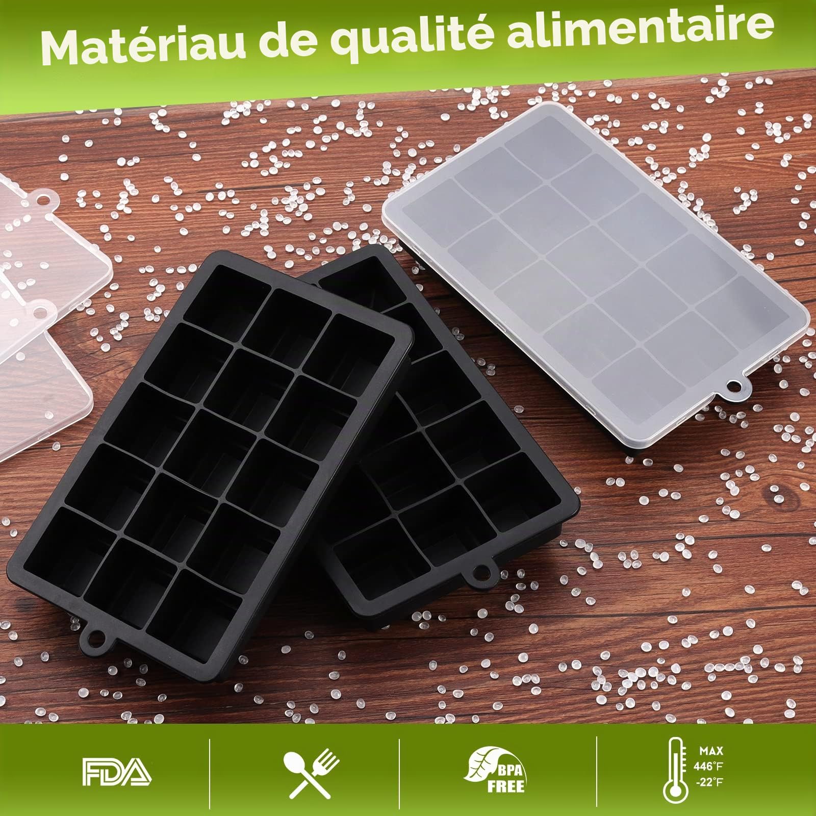 Bac à Glaçons 15 Compartiments Lot de 3 en Silicone avec Couvercle Grand Moule Empilable sans BPA