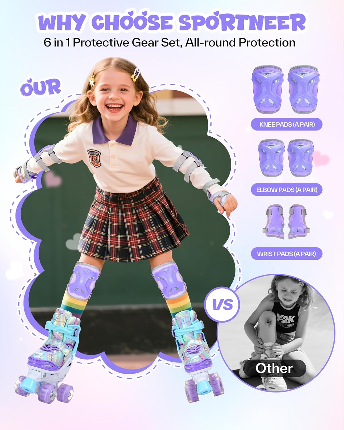 Sportneer Kids Roller Skates: 4 Size Adjustable Quad Skates with Light Up Wheels for 5-8, 8-12 Girls Boys Kids Toddlers Beginners, Birthday Gift with Protective Gear Set for Outdoor Indoor