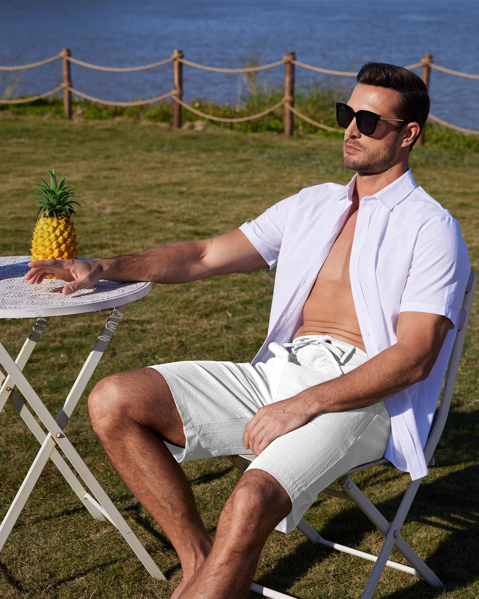 YAOBAOLE Pantaloni in Lino da Uomo, Corti da Uomo, in Lino, Pantaloni Corti, da Uomo, Estivi, Lino