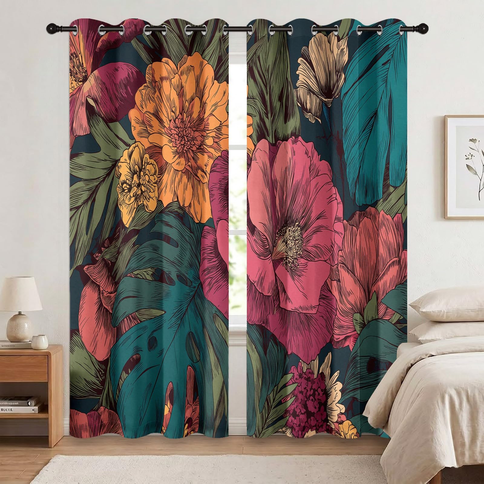 Rideaux Occultant Motif Grands Pétales Floraux Bohèmes 110L X 215H cm Lot de 2 Rideau Occultant Thermiques Imprimé Floral Feuille, Rideau Oeillets Opaque Draperie Decoration pour Salle De Séjour