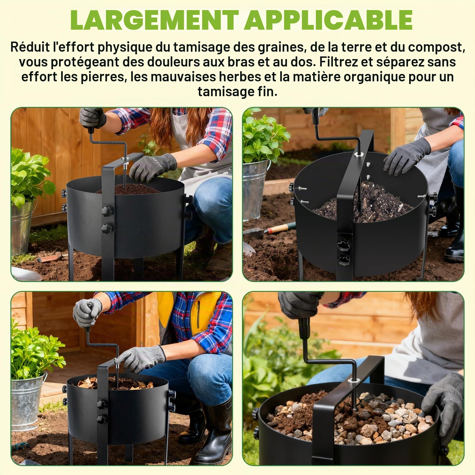 LIROPAU Tamis de jardin, tamis à compost, tamis de jardin en acier inoxydable avec 4 tamis interchangeables, diamètre 3, 6, 9, 12 mm, tamis de fond à manivelle en métal pour terre, compost, semences