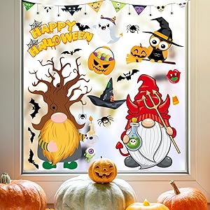 Orfonbi Halloween Window Clings for Kids - 9 Sheets Cute Halloween Window Decorations Gnome Window Stickers for Glass Windows Double Sided for Room Party