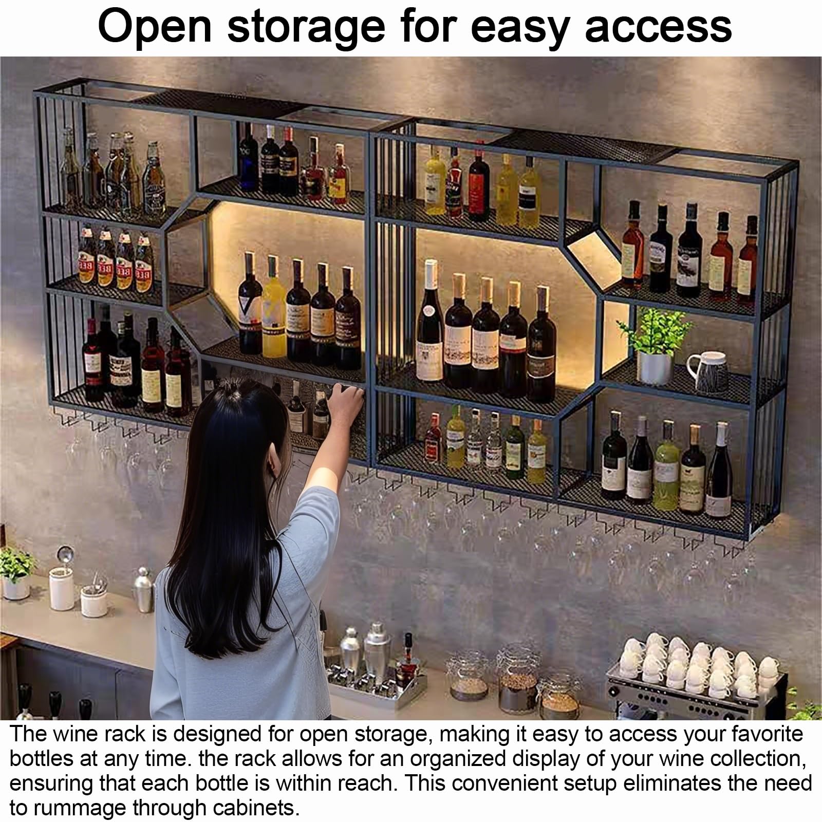Botellero de pared LED, estante decorativo de metal para botellas y vasos, perfecto para cocina, bodega de vino o bar, soporte integrado para botellas y posavasos (86.6 pulgadas)