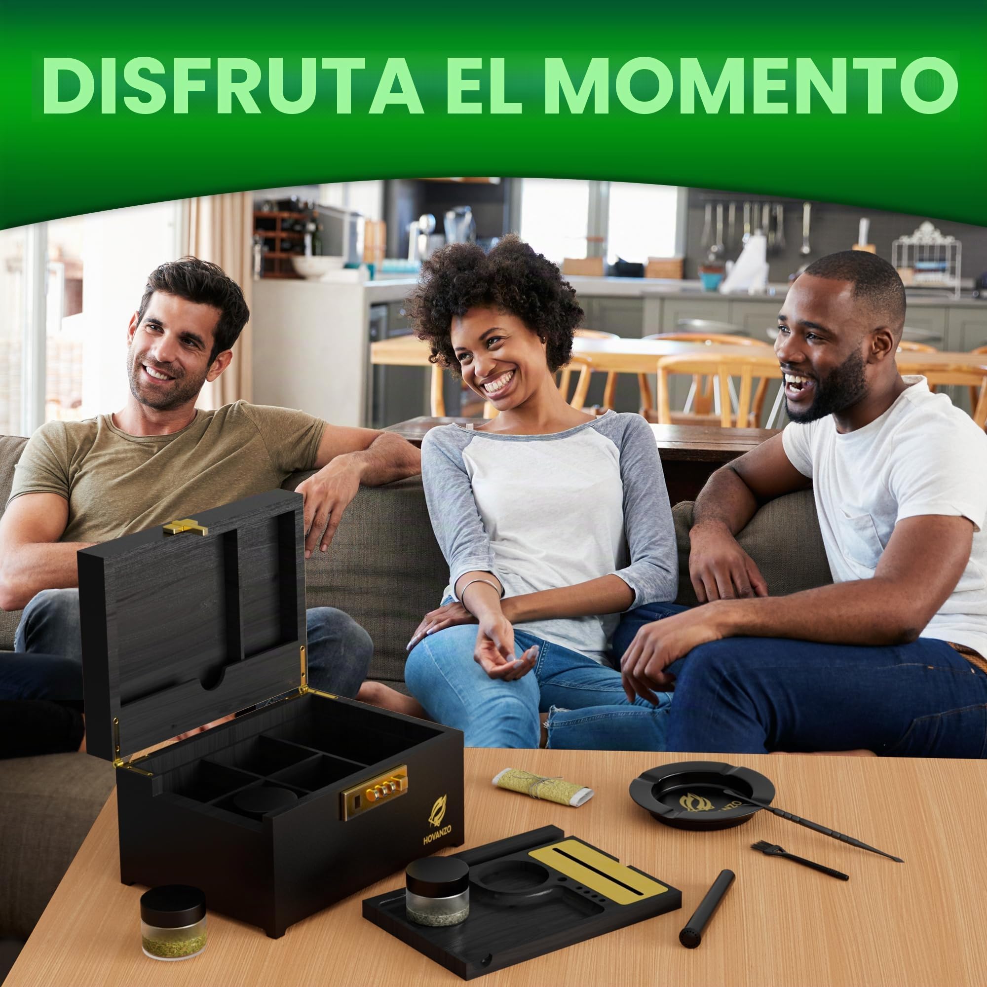 HOVANZO - Caja decorativa de bambú grande con cerradura de combinación, caja de almacenamiento con bandeja rodante, accesorios