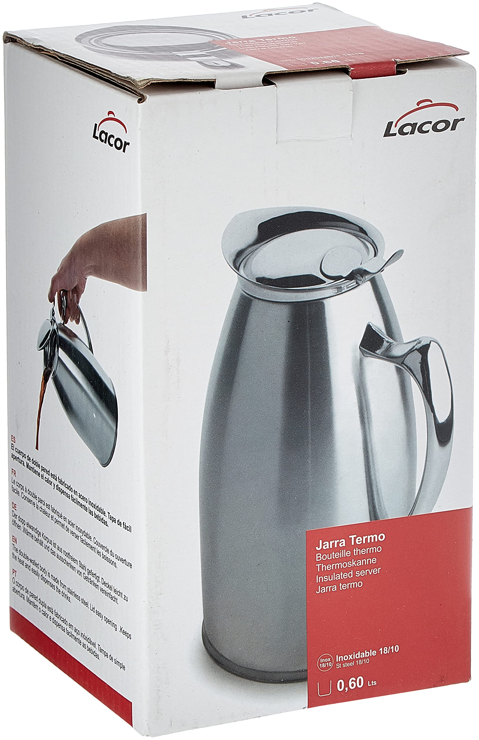 Lacor 62460 - Jarra Termo Acero Inoxidable 0, 60 Litros - Mesa y Hostelería | En acero inoxidable, para servir y conservar bebidas; ideal para cocina profesional y uso diario en casa, versátil y duradero