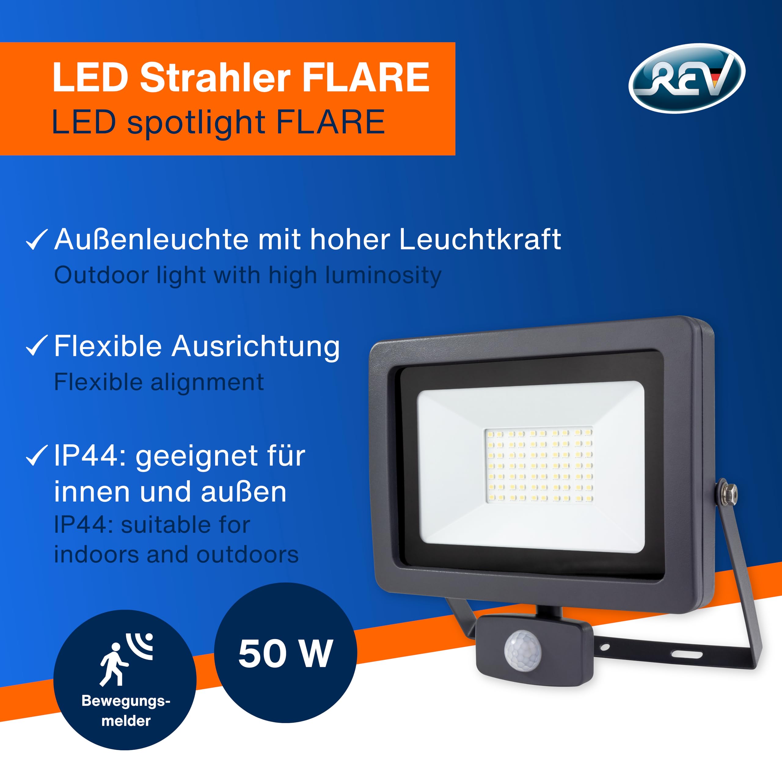 REV Aussenlampe FLARE - LED Aussenleuchte mit Bewegungsmelder, IP44, Strahler außen 50W, 4250 Lumen, 6500K, Erfassungswinkel 90° auf 7m, anthrazit