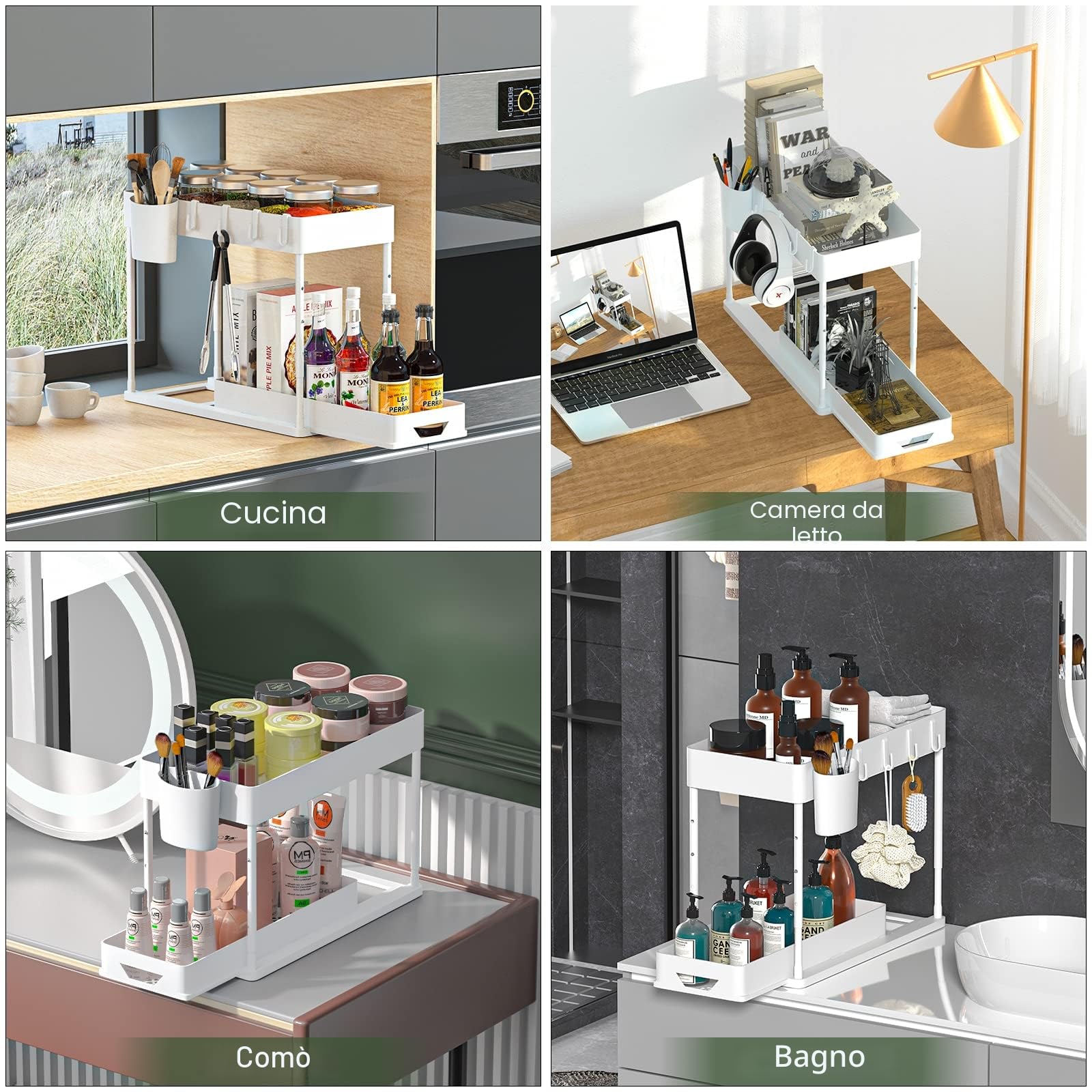 organizer sottolavello cucina a 2 Livelli, con 4 Ganci, 8 tappetini Antiscivolo e 1 Tazza appesa organizzatore portadetersivi sotto lavello da cucina (Bianco)
