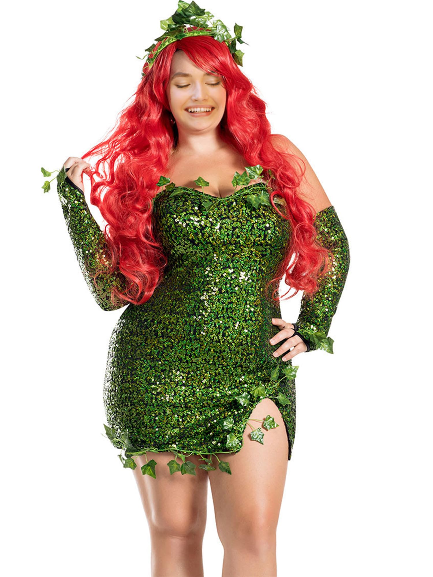 Fiacafyo Women Halloween Deluxe Green Cosplay Costume Sleeveless Fake Leaves Sequin Fairy Dress Beauty Cosplay Dress with Gloves (Women, M, A-Green)