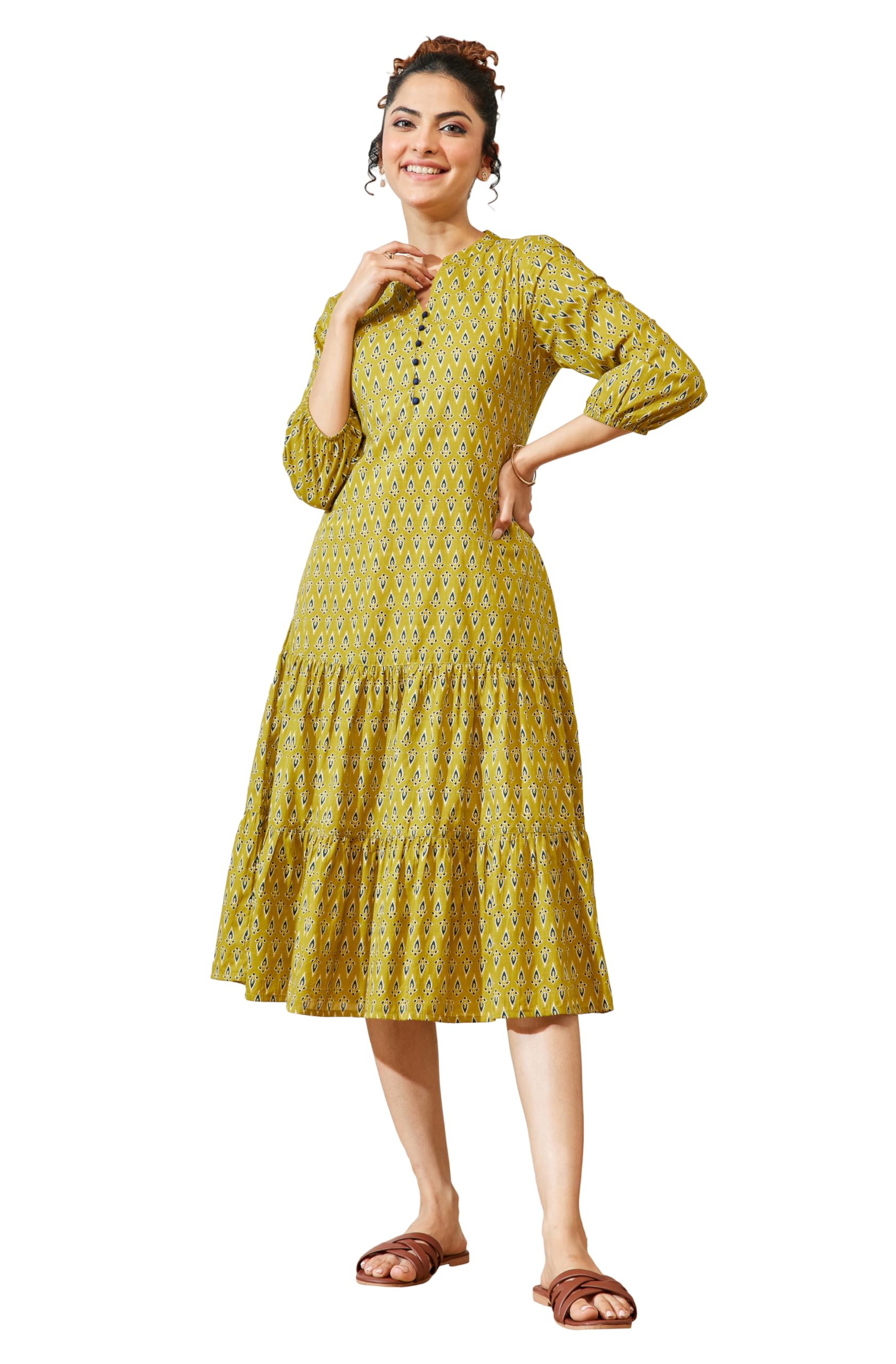Women's Mustard Pure Cotton Ethnic Motif Printed Fit & Flare Dress-image-26