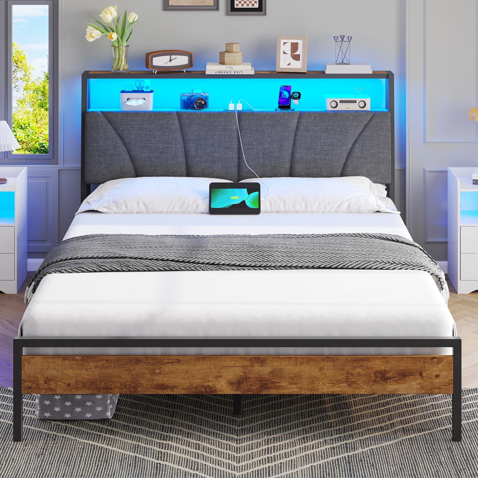 Brinlawb Small Double Bed Frame with Charging Station (2 AC Sockets, 1 USB‑A, 1 Type‑C Port) and LED Lights, 120x190 cm Stable Metal Bed Frame with Upholstered Headboard & 2-Tier Open Storage Shelves