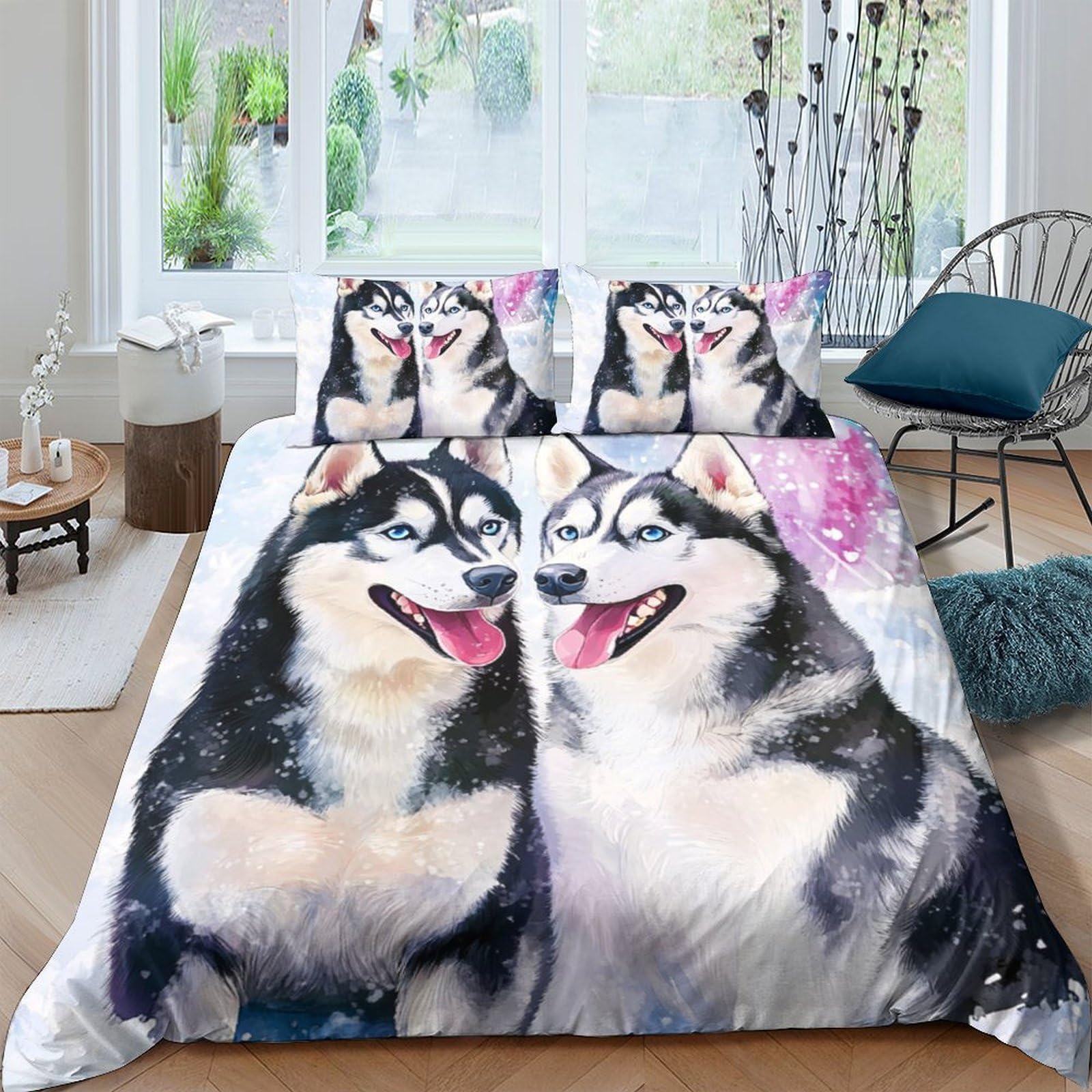 Ctjqhvkz Style-7 3D Printed Husky Dog Fitted Sheet Microfiber Soft Durable Bedroom Decor Wolf Bed Cover Protection Single（135X200cm）