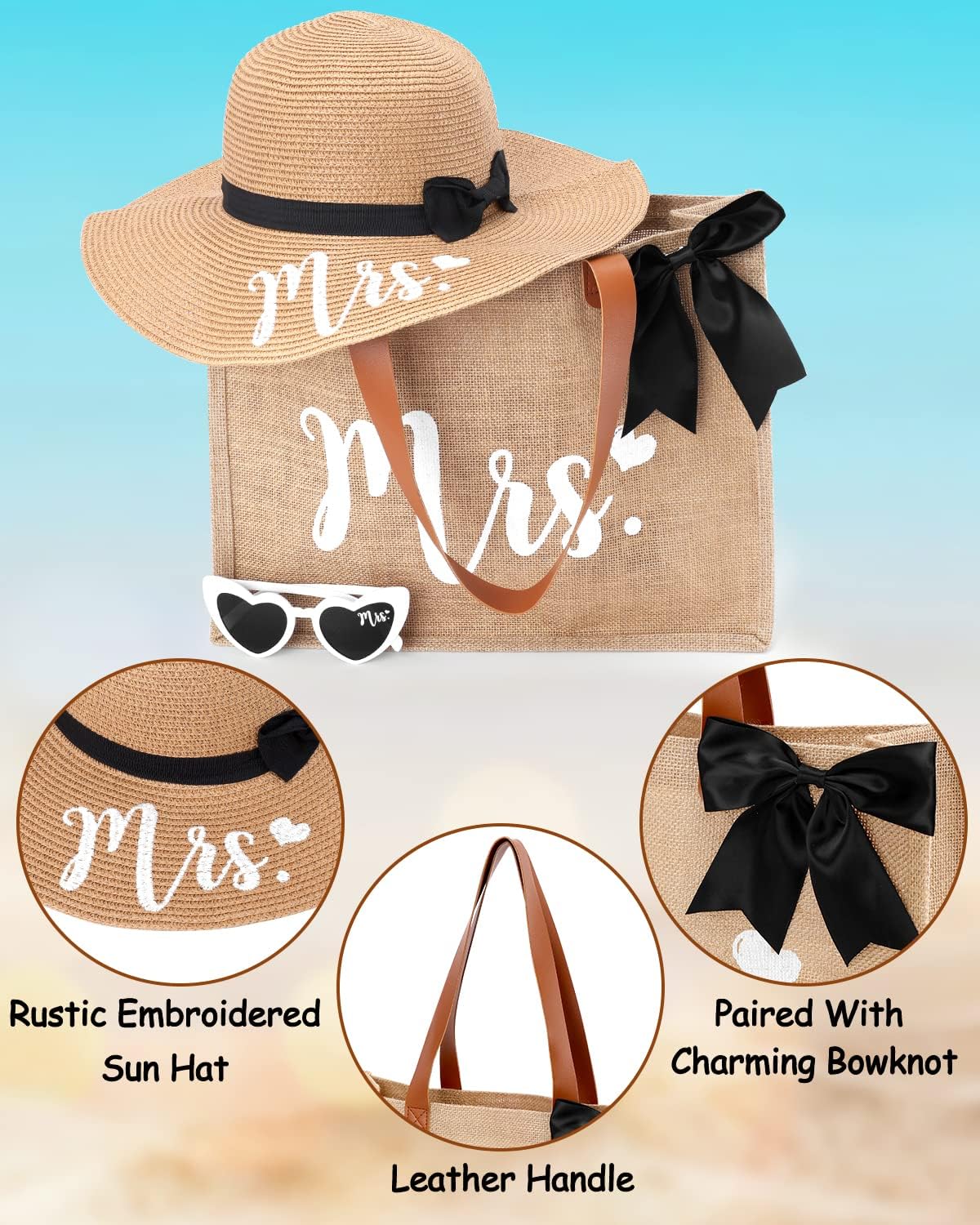 Percozzi Wifey Bride Tote Bag Sun Hat Glasses Set Bride-To-Be Shower Gift Honeymoon Jute Bag Kit image 3