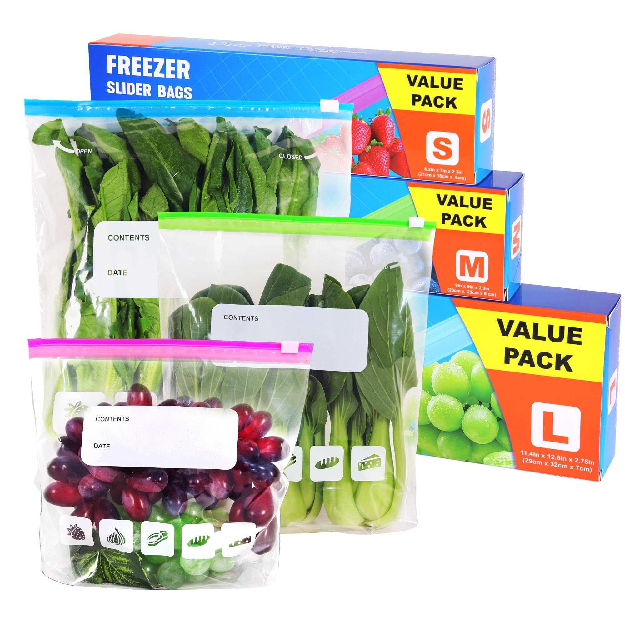 60 Pack Reusable Ziplock Freezer Bags, Food Storage Bags 3 Sizes (6L, 2.45L, ...