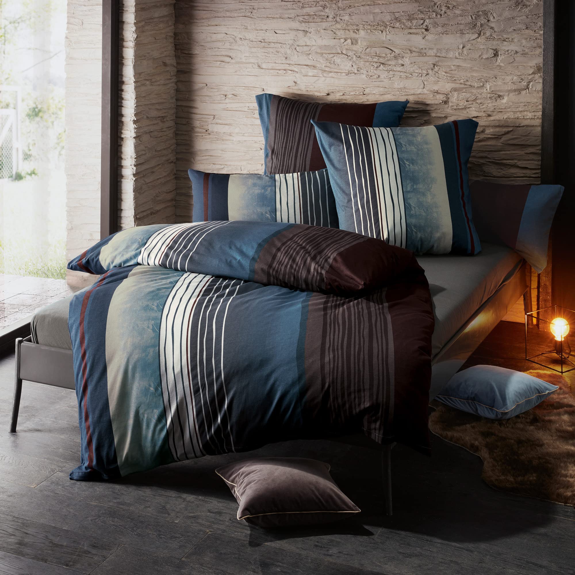 REDBEST Bettwäsche, Bettgarnitur Single-Jersey blau-anthrazit Größe 80x80 cm / 135x200 cm - Wendekissenbezug, temperaturausgleichend, bügelfrei, mit Reißverschluss