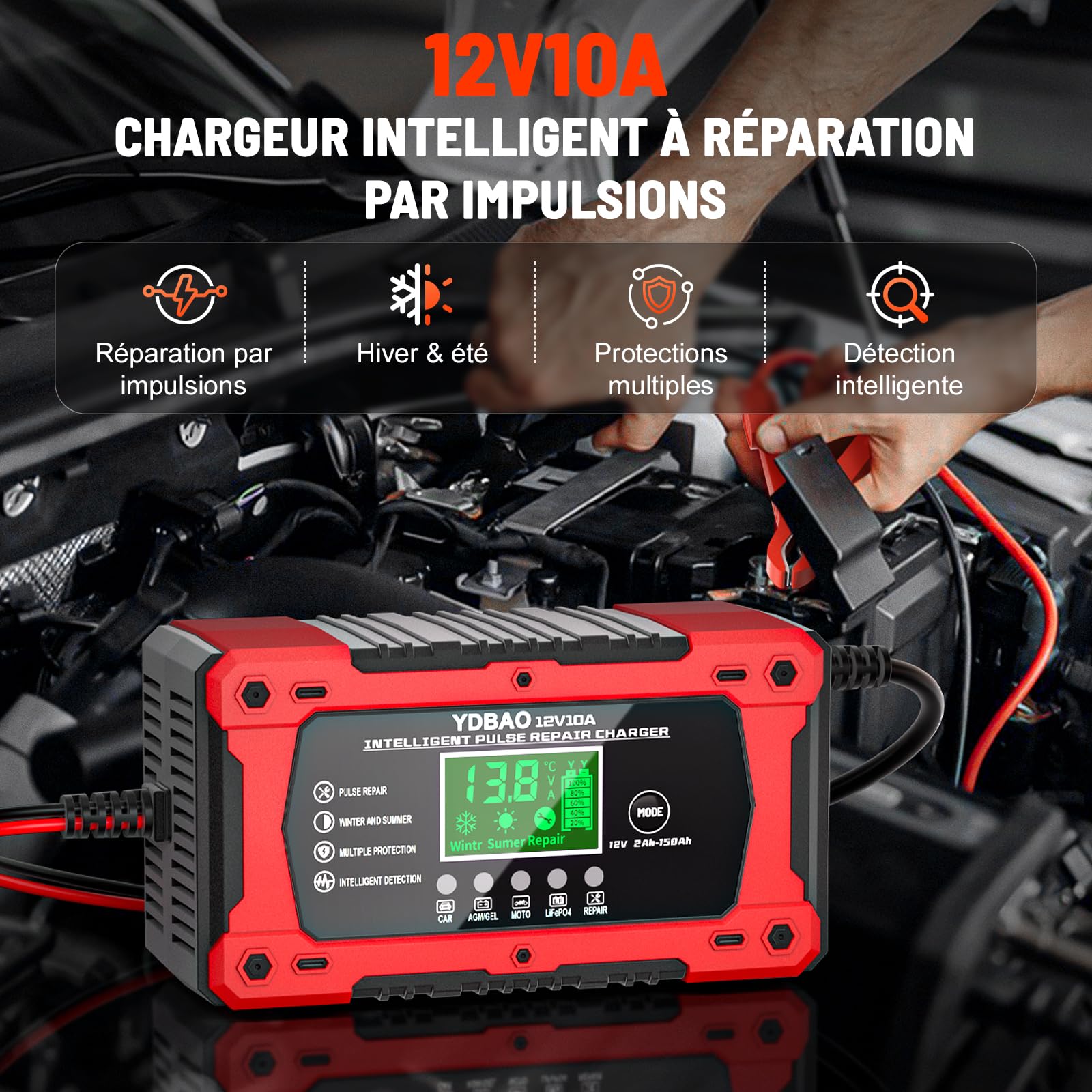 YDBAO Chargeur Batterie Voitures 10A 12V LiFePO4 Chargeur de Batterie Moto Auto Intelligent avec Réparation Écran LCD Mode Protection pour Voiture Moto Camion AGM Gel Wet SLA LiFePO4