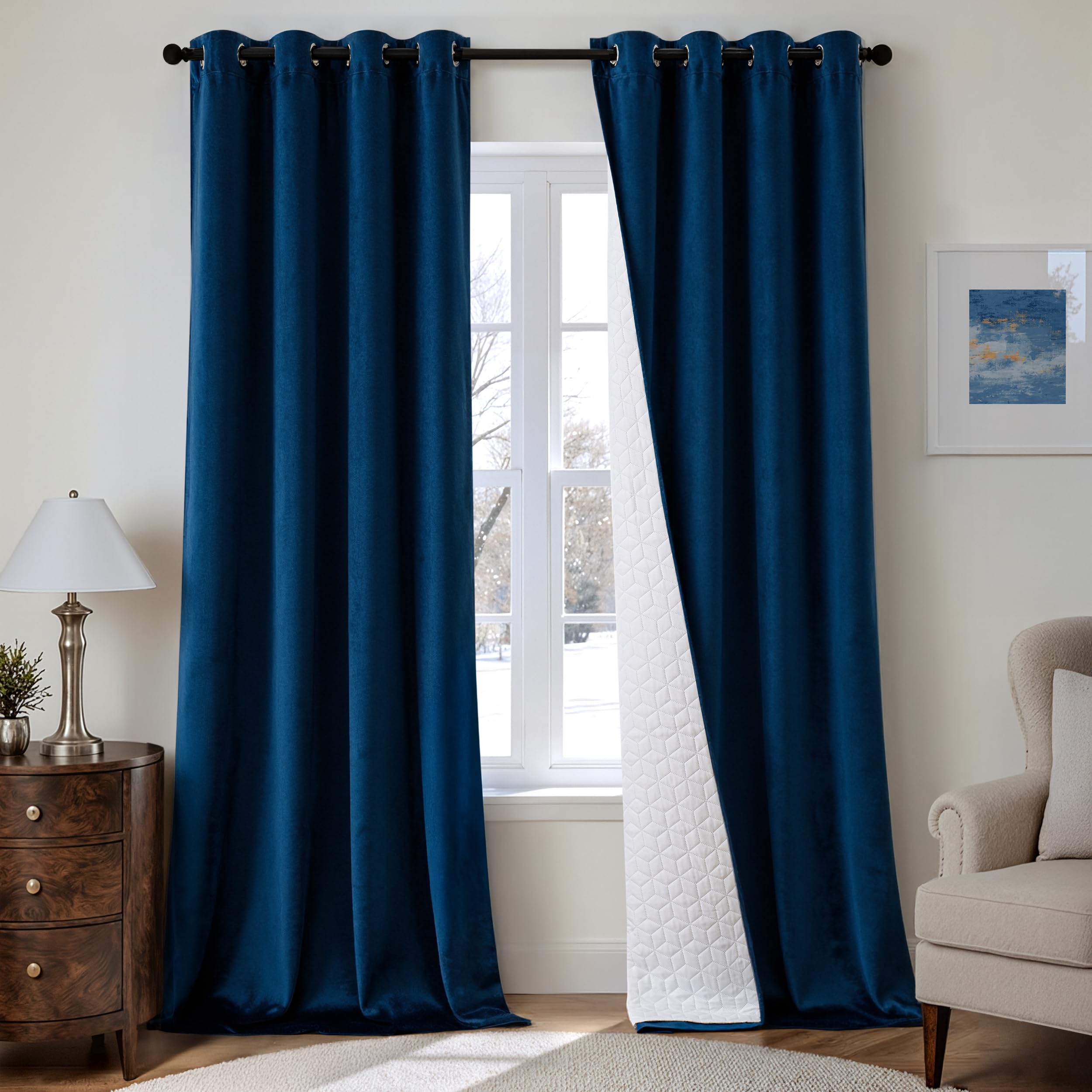 MIULEE Rideau Velours Bleu 1 Pièce Double Epais Matelassée Oeillets | Rideau Occultant Thermique Isolant Anti Froid Chaleur, Adapté Pour Fenêtre et Porte D'entrée Maison