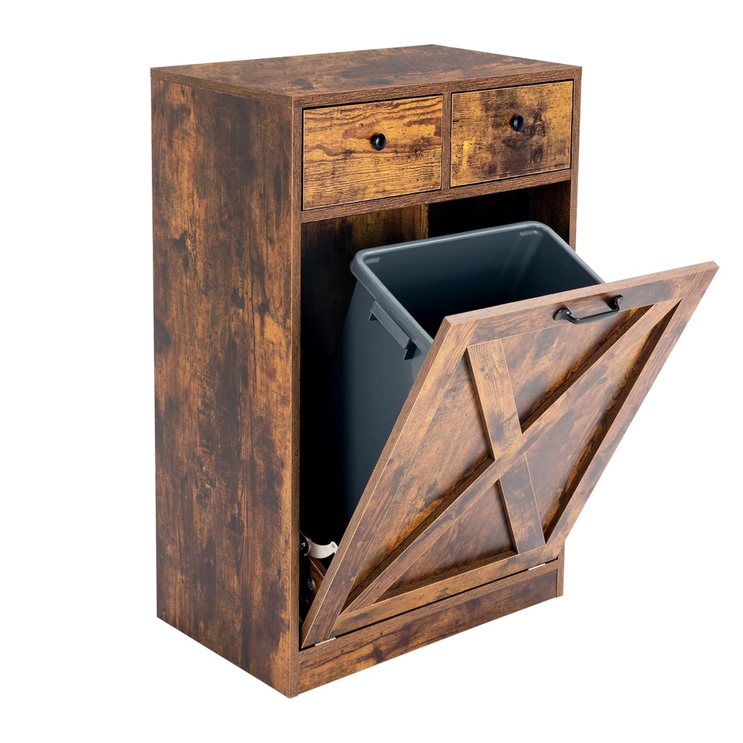 13 Gallon Tilt Out Trash Cabinet with 2 Drawers Wood Hidden Kitchen Recycling Cabinet Free Standing Pet Proof Trash Can Laundry Cabinet for Kitchen (Rustic Brown) Brown 13 Gallon 2 Drawers