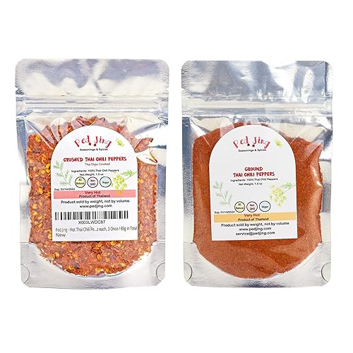 Ped Jing - Paquete de 2 chiles tailandeses calientes, molidos y triturados, chiles muy picantes, ideal para recetas de comida tailandesa o asiática,