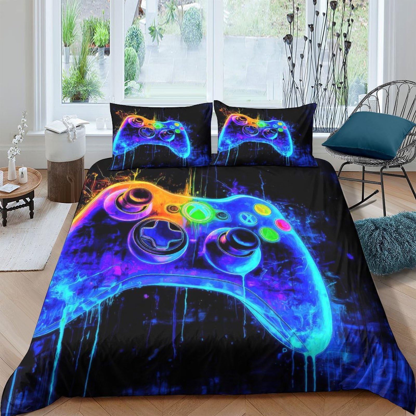 Ctjqhvkz Style-8 3D Printed Neon Gamepad Fitted Sheet Microfiber Soft Vibrant Splash Mattress Cover For Bedroom Dorm Mattress Decor Single（135X200cm）