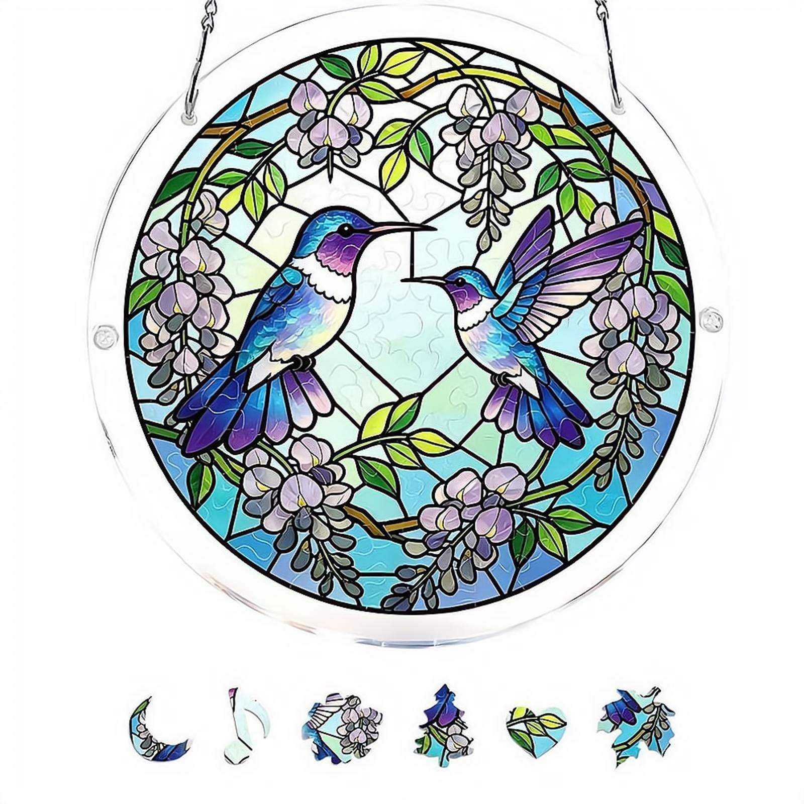 Acrylic Stained Glass Style Puzzle with Hanging Chain Hummingbird Birds Design 3D Transparent Jigsaw, Acrylic Suncatcher Window Hanging, Wall Decor Art Piece for Home Office Gift