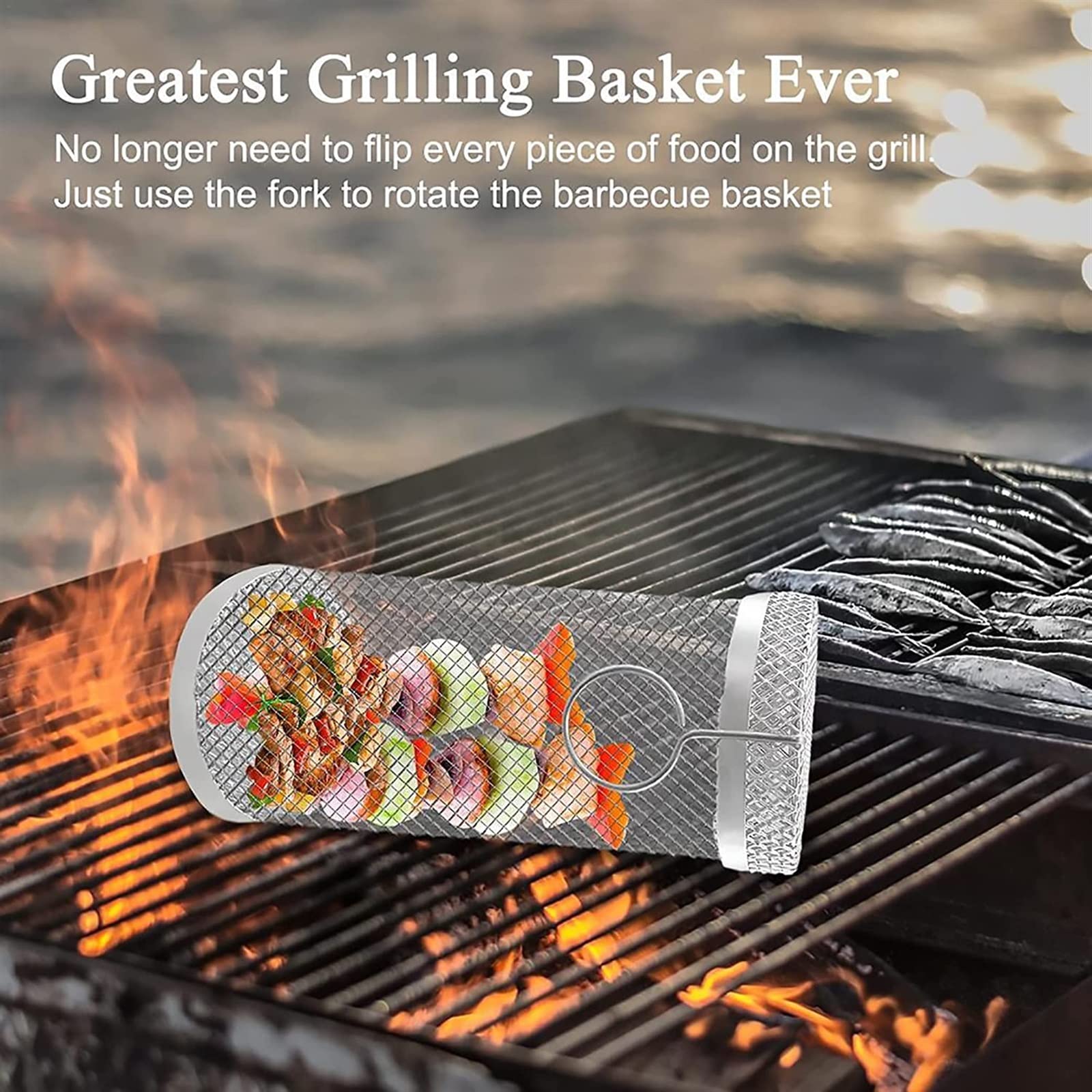 Grillkorb Edelstahl Drehbar - Für Gemüse, Fisch, Fleisch, 14-23cm