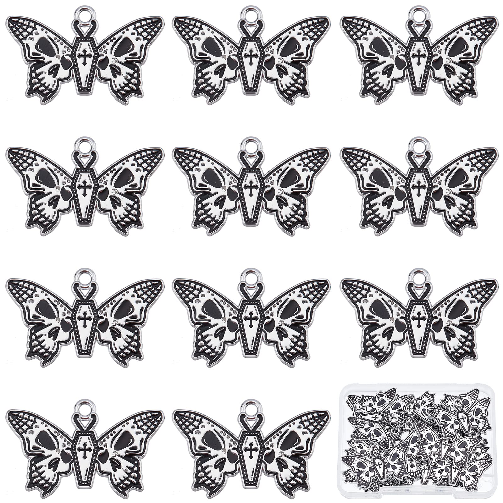 1 Box 20Pcs Butterflies Charms Enamel Butterfly Skull Charm Gothic Coffin Halloween Black Insect Gothic Charms for Jewelry Making Charm Necklace Bracelet Earrings Supplies Adult Starter DIY-image-45