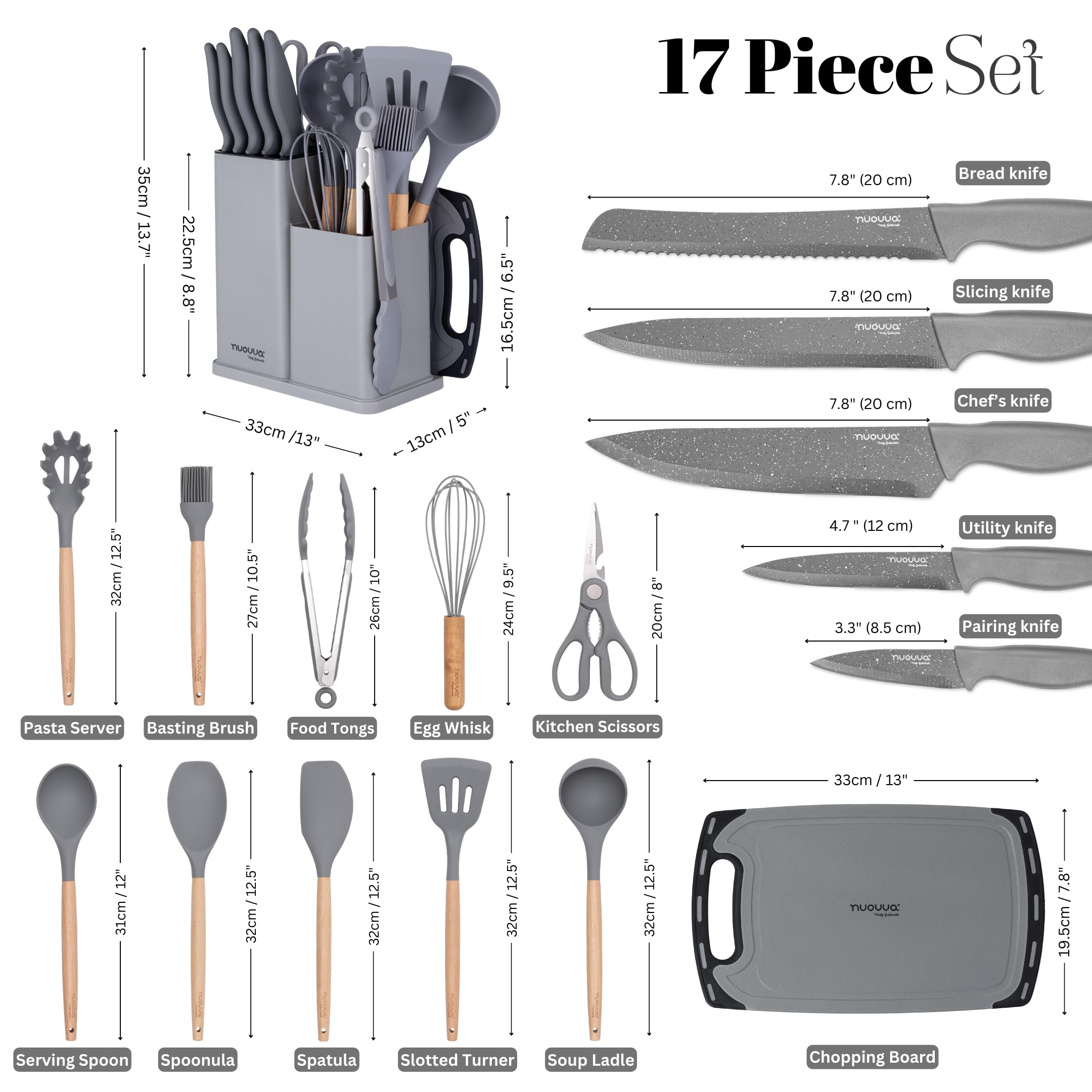 Cooking Utensils Set with Chopping Board – Knife Set with Block – Heat Resistant Silicone Utensils with Wooden Handle, Spoons, Ladles & Spatula – Kitchen Tools & Accessories – 17pcs, Grey – by Nuovva — view 2