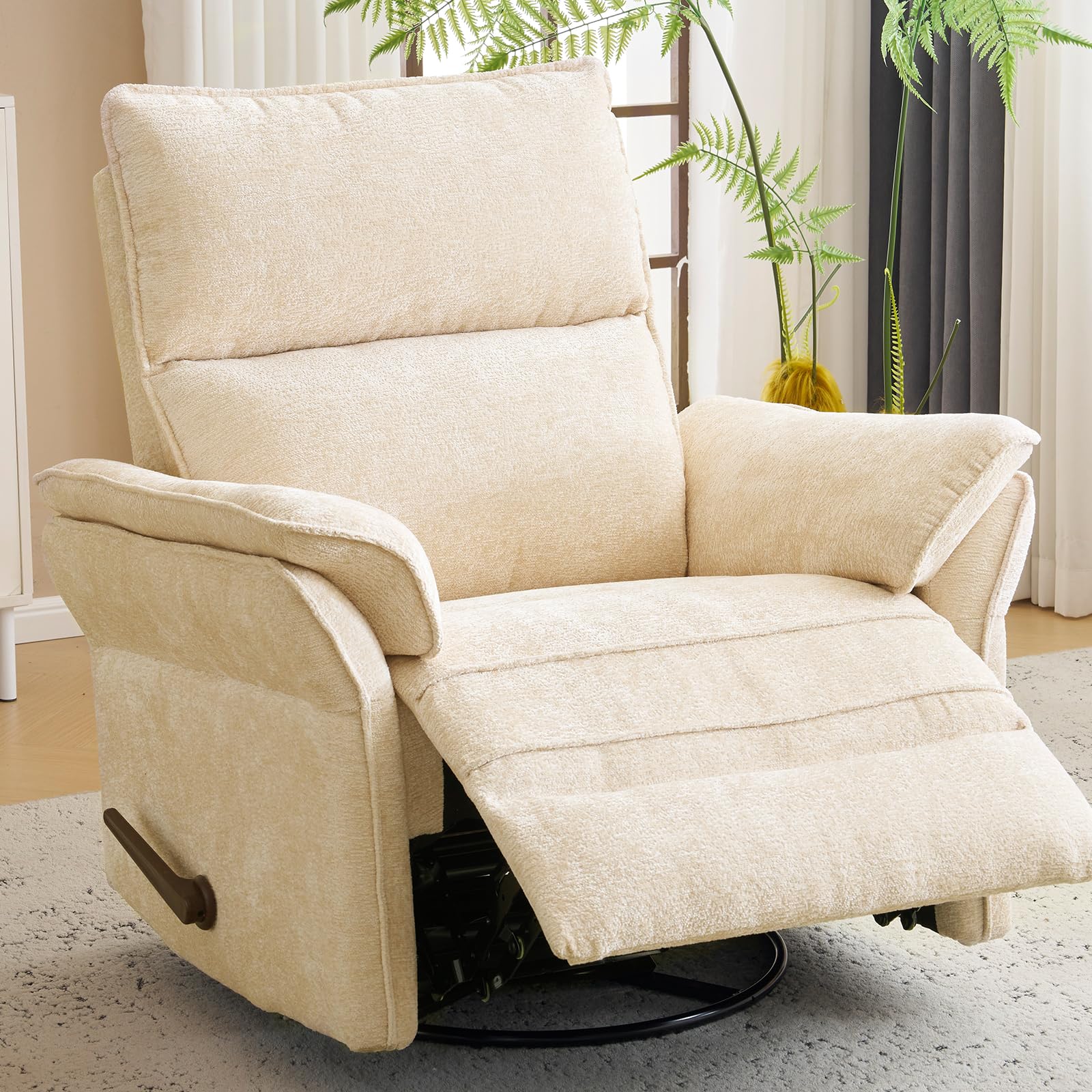 Oversized Swivel Rocker Recliner with Adjustable Headrest, Rocking Chair Nursery with Overstuffed Armrest, Manual Recliner Nursery Chair for Living Room and Bedroom,Beige