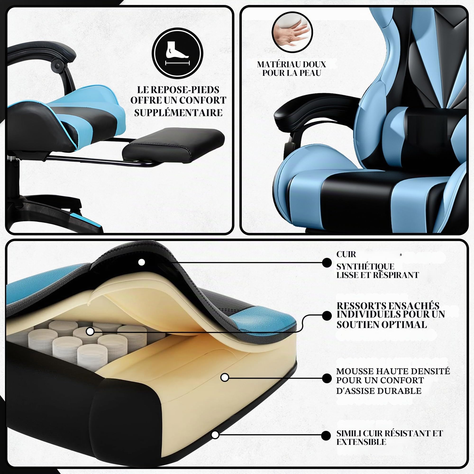 Bayt Fauteuil De Jeu Ergonomique pour La Maison - Fauteuil De Bureau À Dossier Haut avec Soutien Lombaire | Fauteuils D'Ordinateur en Similicuir pour Adultes Et Adolescents - Bleu Et Noir