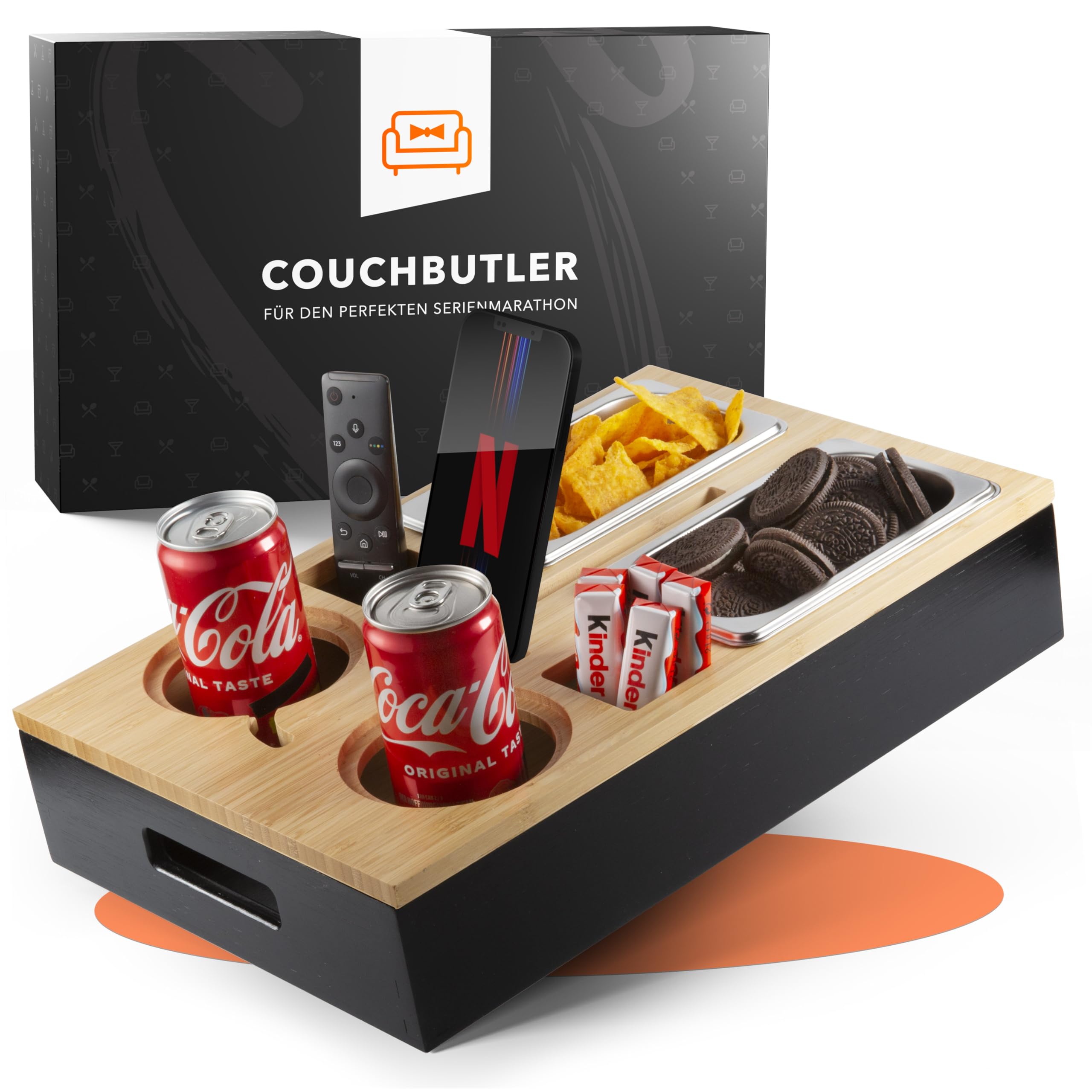 Couchbar Snackbox aus Bambus inkl. Geschenkbox | Sofa Tablett mit 2 Snackschalen, 2 Getränkehalter mit Untersetzer, magnetischer Deckel, Handyhalterung (Ohne Gravur)