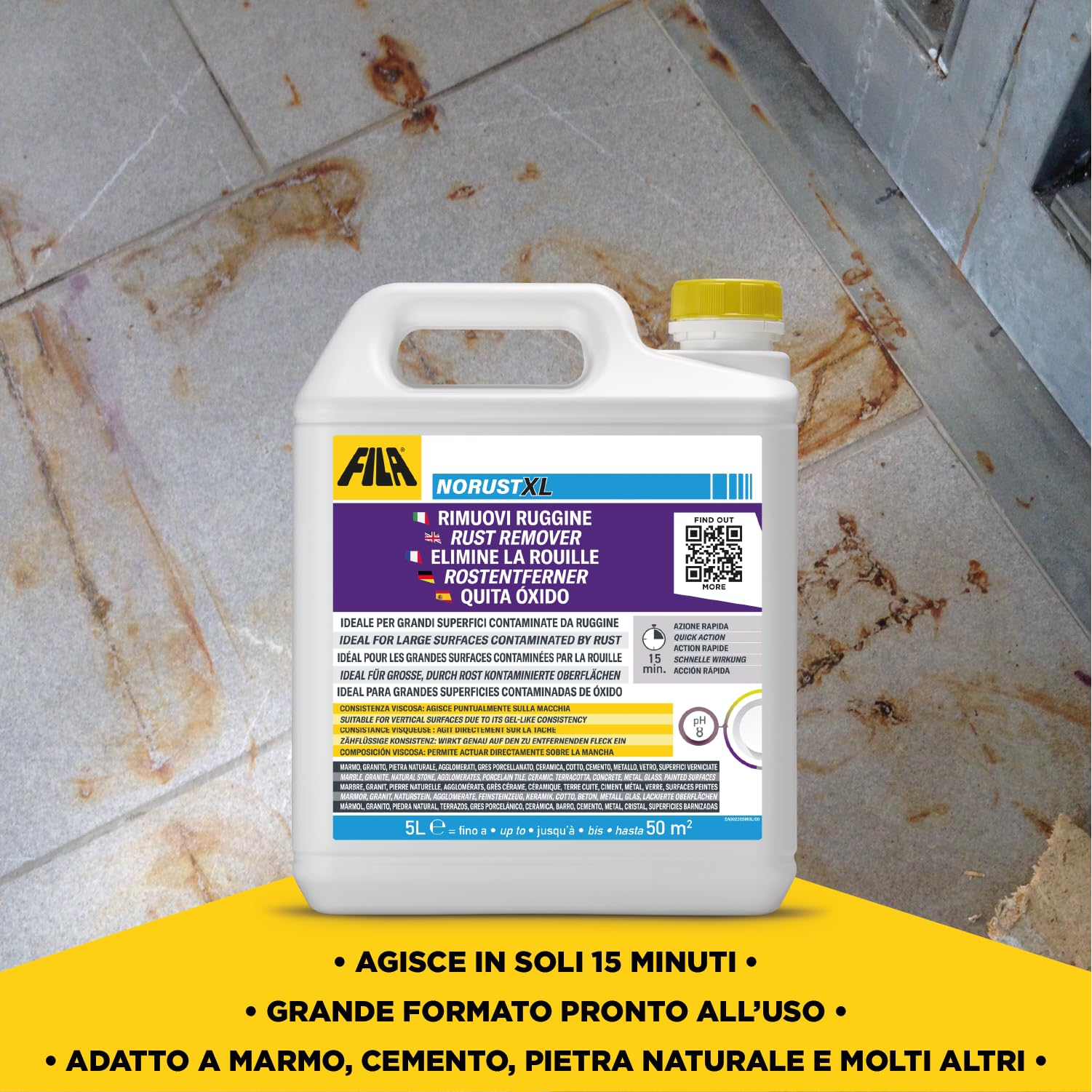 FILA Solutions NORUST XL Smacchiatore Ruggine Marmo Gres Cotto - 5L | Soluzione concentrata per rimuovere macchie di ossidazione estese da pavimentazioni e pietre naturali