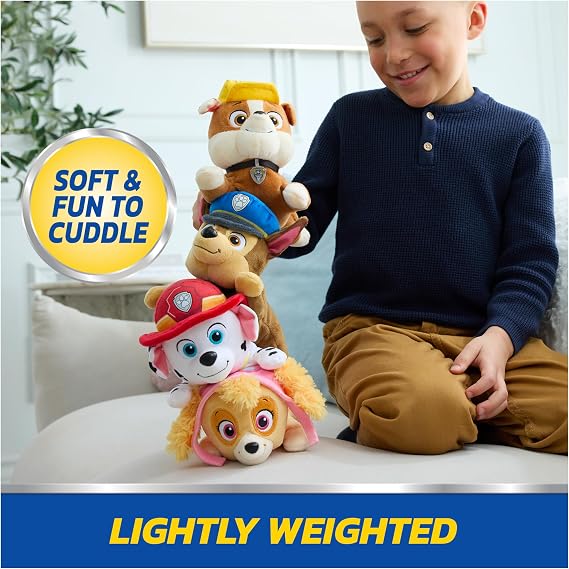 Paw Patrol GUND Rubble Plush, Official Lounging Rubble Plush Toy, Weighted Stuffed Animal, Sensory Toy for Ages 1 and Up, 8
