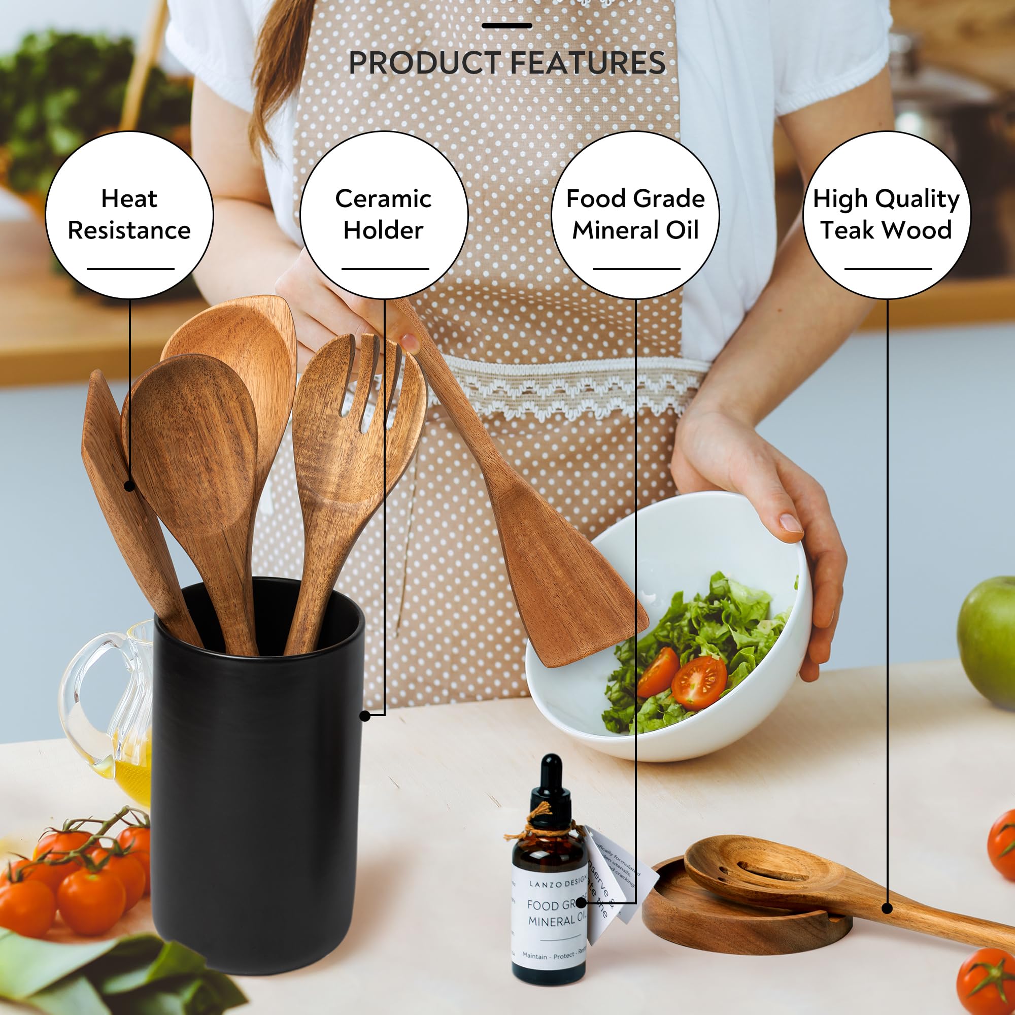 Juego de utensilios de cocina, 8 espátulas de madera con soporte de cerámica (soporte negro)