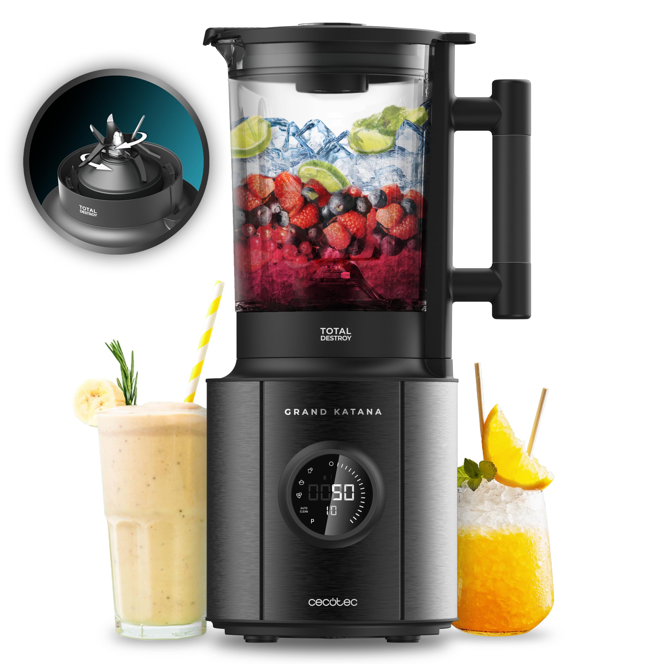 Cecotec Frullatore da Tavolo Elettrico Grand Katana 2700MAX Total Destroy Screen B. Potenza Massima 2700W, Display Digitale, Lama a 8 Lame con Rivestimento in Titanio, Caraffa in Vetro fuso da 1,8L