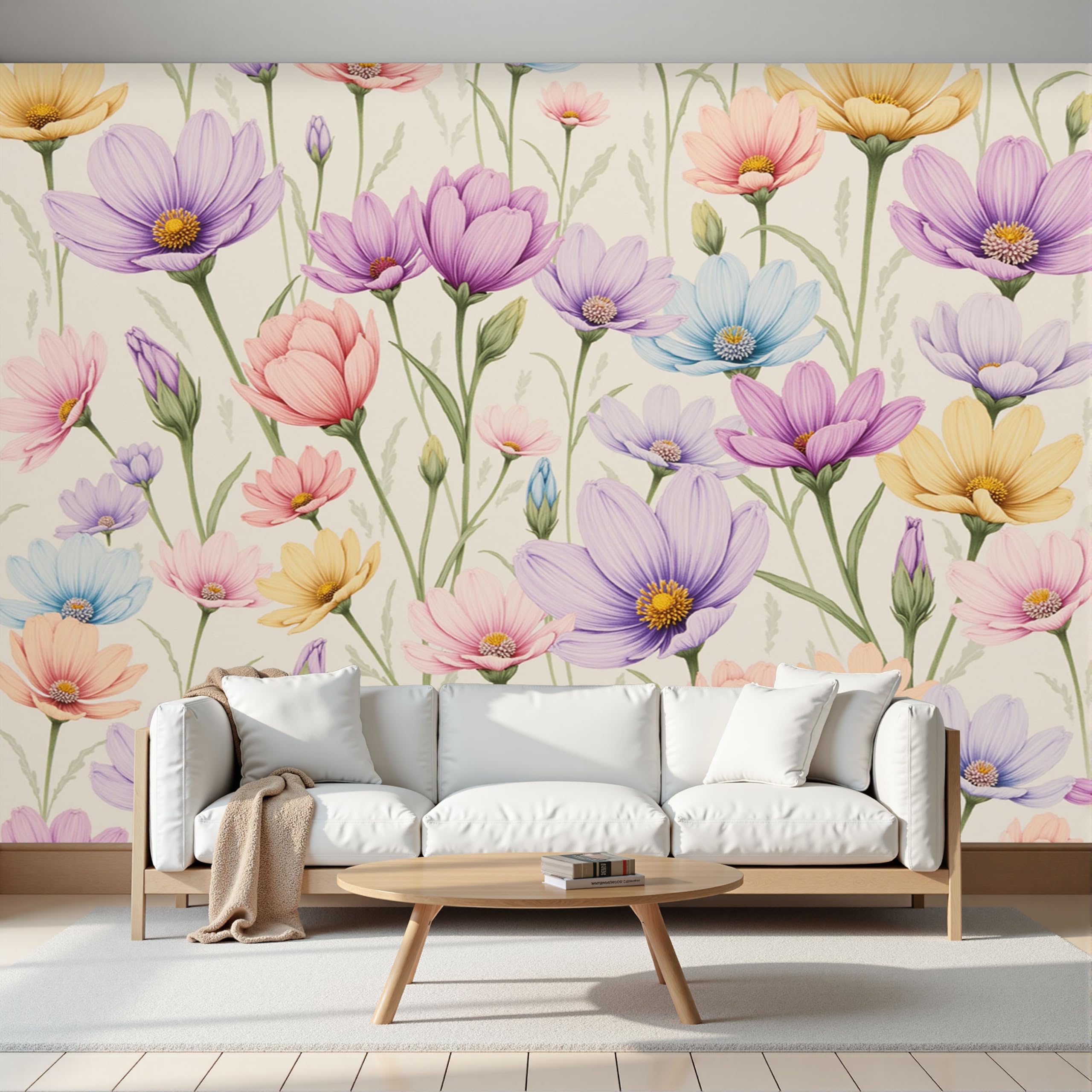 Papier peint soie fleurs sauvages peintes à la main effet aquarelle pastorale