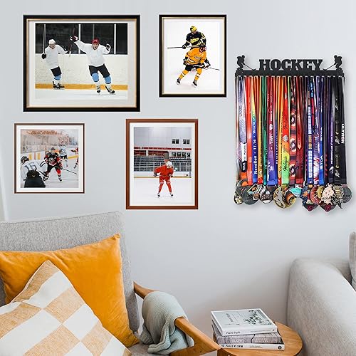 Miniatura 6 de Goutoports Soporte de exhibición de medallas de hockey para carreras deportivas, metal de acero negro resistente con más de 60 medallas, fácil de